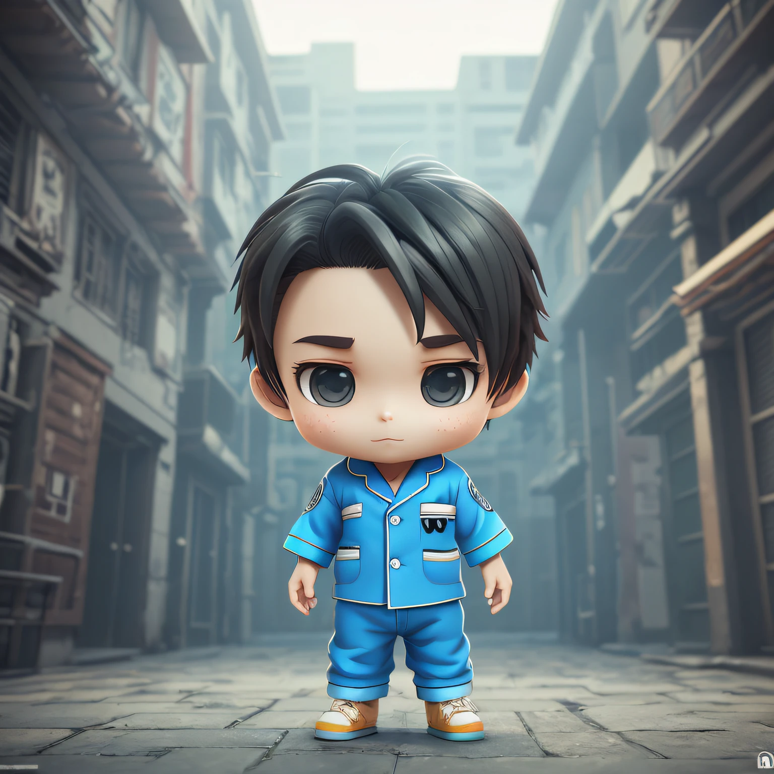 .chibi cartoon boy,Wearing flying dragon pajamas fine luster, clay material,popmart style, cyberpunk, ip by popmart, mockup blind box,studio light, front view, 3d rendering, c4d, octane render, blender, hyper quality, ultra hd, ultra high detail, 8k --ar 9:16 --niji 5 --style expressive --auto