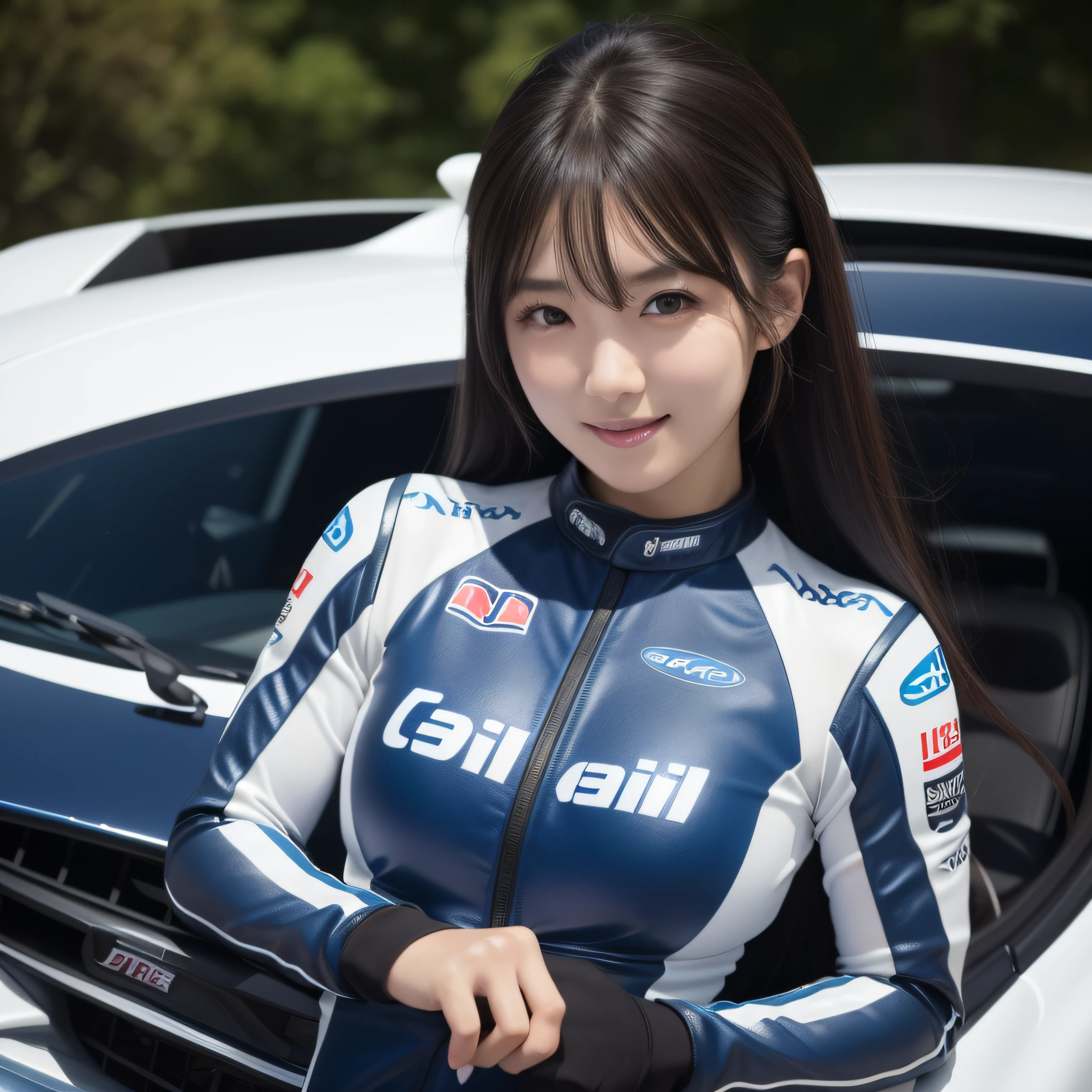 8K, masterpiece, best quality, photo realistic, ultra-detailed, 1 girl, Japanese girls, Korean idol, athletic body, realistic skin texture, long hair, (breasts:1.0), (smile:1.0), gaze at viewer, (form fitting car racing suit), (no helmet), movie lighting, face focus, fine eyes, detailed face, well lit face, day light, sports car in background