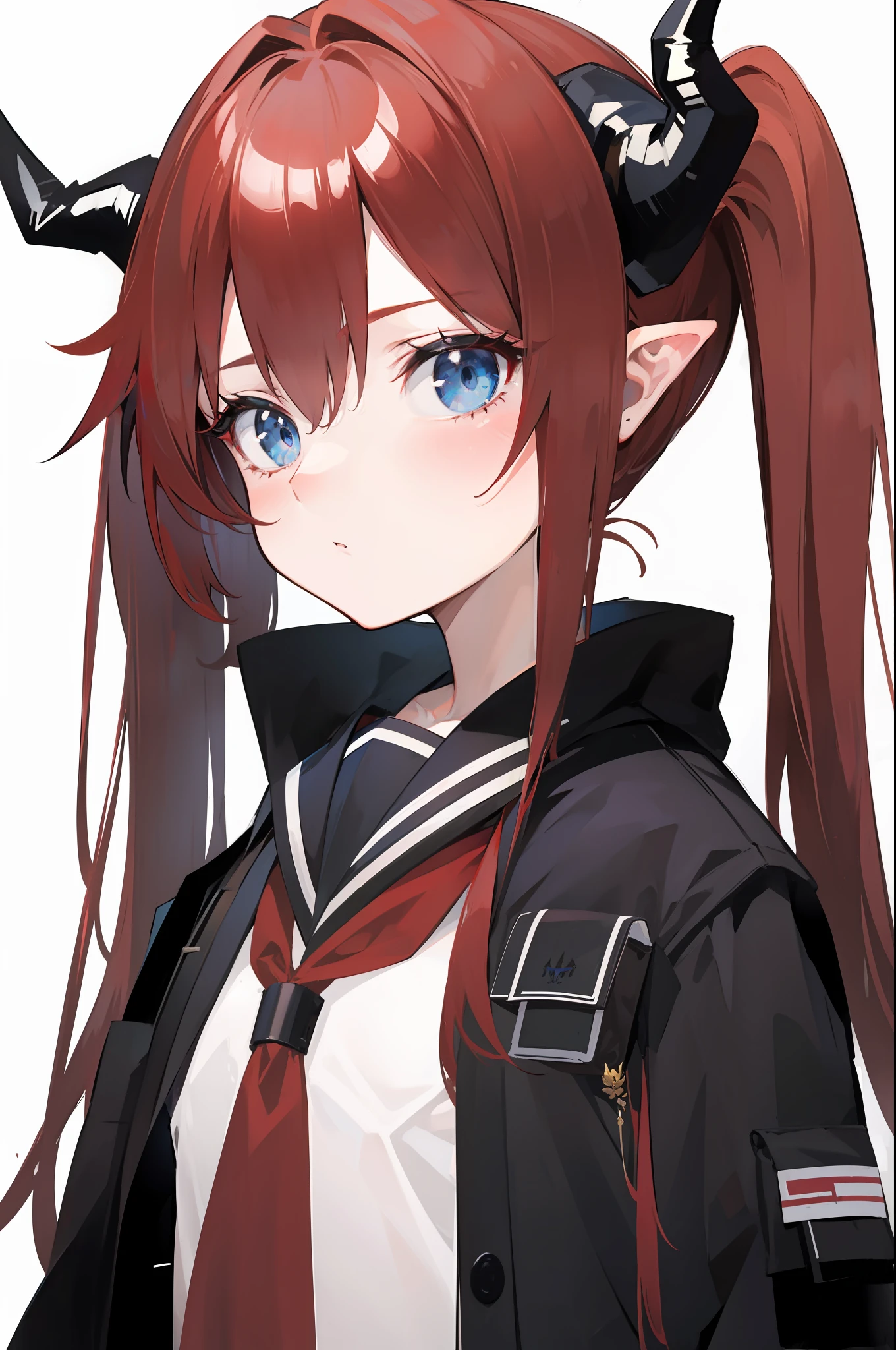 red hair, blue eyes, twintails,Sailor suit,Dragon horns,coat,red Pleated skirt,solo,1girl, arknights, long hair, ,