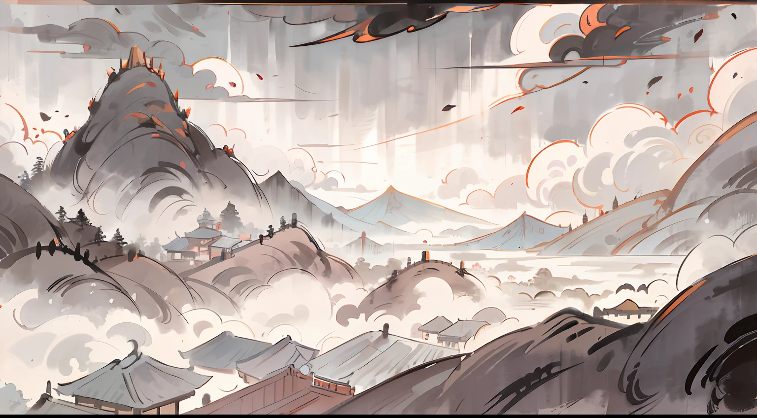 black andwhite，Chinese-style architecture，Chinese wind mountains，fog atmosphere。The moonlit night is hazy，landscape painting，
