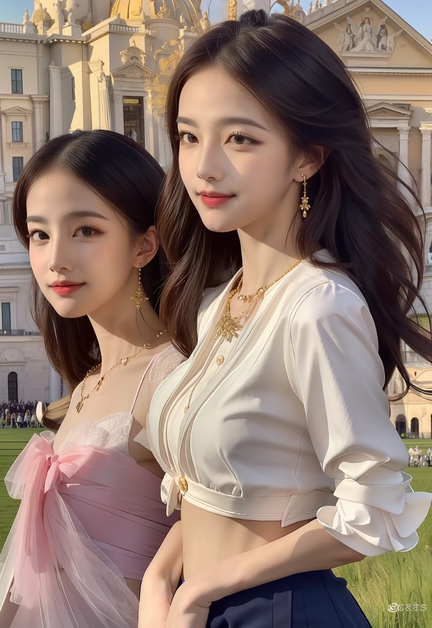 masterpiece, 4K, best quality, FELute, necklace, purple dress, (on the St. Peter's Square of Vatican,crowd,navel),bracers, cowboy shot, looking at viewer, smirk, hand up