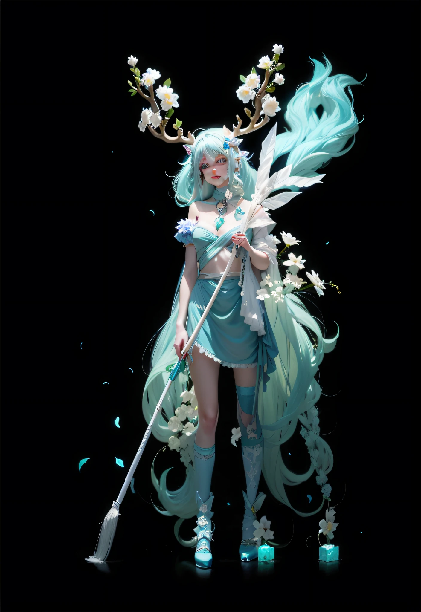 The girl who answered shyly,A coquettish expression,Ice blue antlers,White flowers,Green hair,Flowers wrap around the chest,Half man, half deer,Proportional mop for long hair,Disney style,pastel colour,divine cinematic edge lighting,Natural lightrealistic lighting and shading,Ray traching,best qualtiy,super detailing --auto