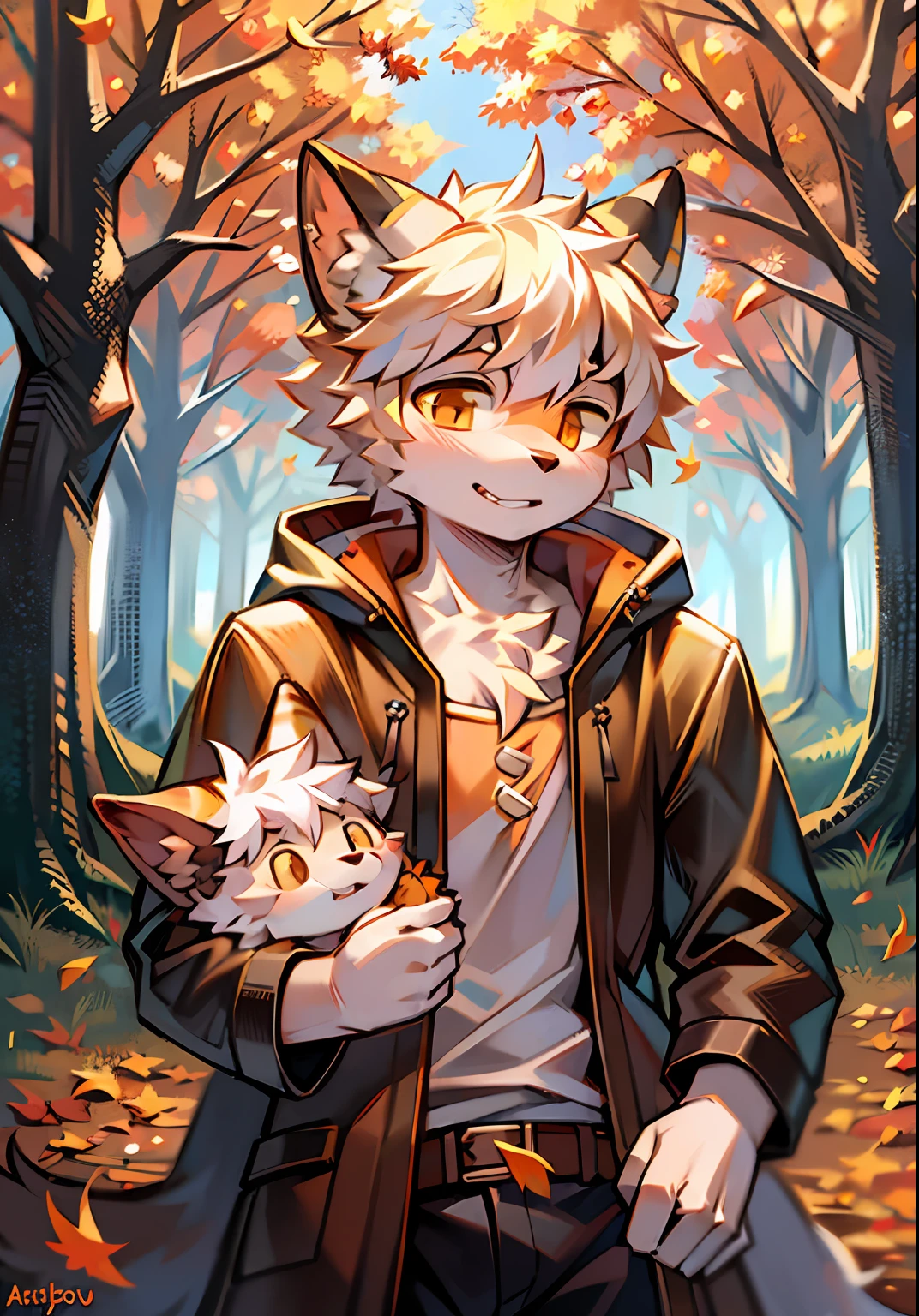 Libido boy,Plush ,fluffly,cat ear,Orange and white hair,forest backgrou,Autumn afternoon,falling leaf,