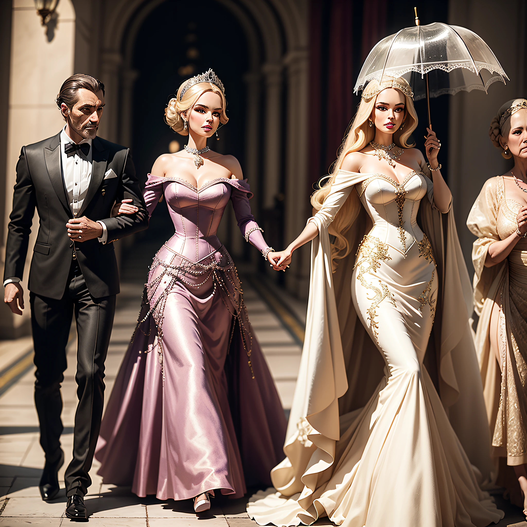 Viaje no tempo com a Barbie enquanto ela se torna uma dama vitoriana, strolling gracefully in a grand historic mansion. With a glittering ball gown and an umbrella in hand, She captivates with timeless elegance.