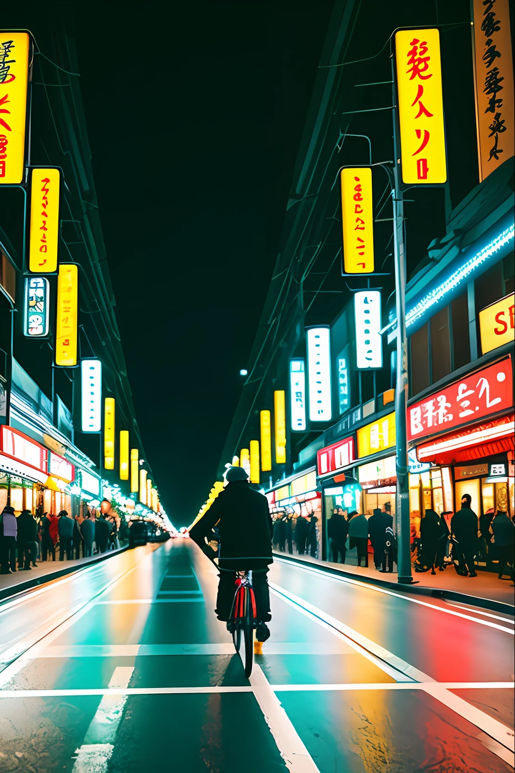 there is a man riding a bike on the street at night, 2 4 mm ISO 8 0 0, 2 4 mm iso 8 0 0 color, in a street at night, taken with sigma 2 0 mm f 1. 4, street night, in city street at night, night photo, old man in tokyo at night, Street at night