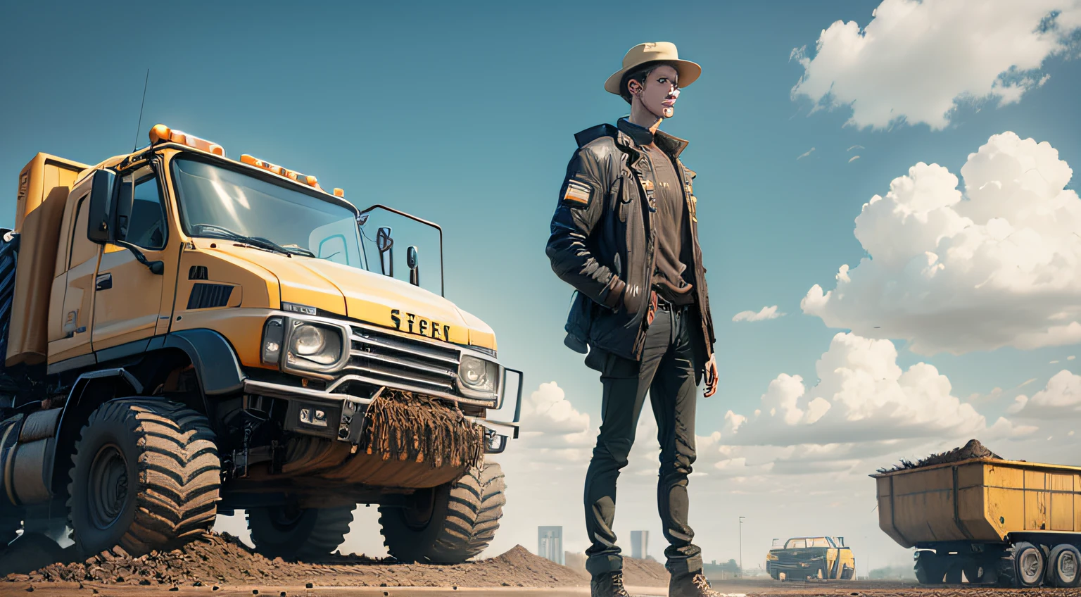 A skinny man stands at an earthwork site，The background is a muck transporter transporting soil at an earthmoving site --auto