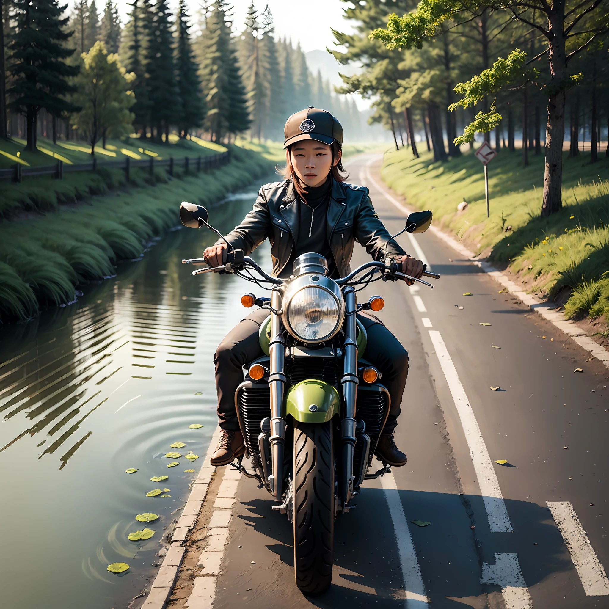 Driving on the road on a motorcycle,Lined with lake water。the woods --auto