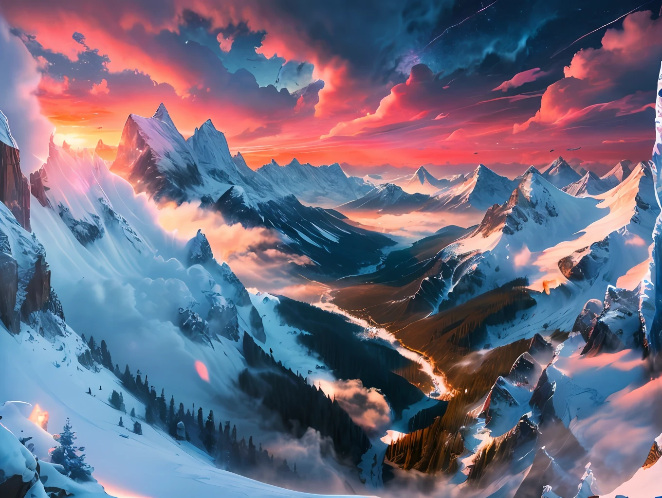 extremely detailed 8k wallpaper,((masterpiece)), (((best quality))), ((ultra-detailed)), (Amazing:1.1), beautiful, nature, sky and ground, heavy wind, line cloud,Light shoot from the cloud, gorge with avalanche