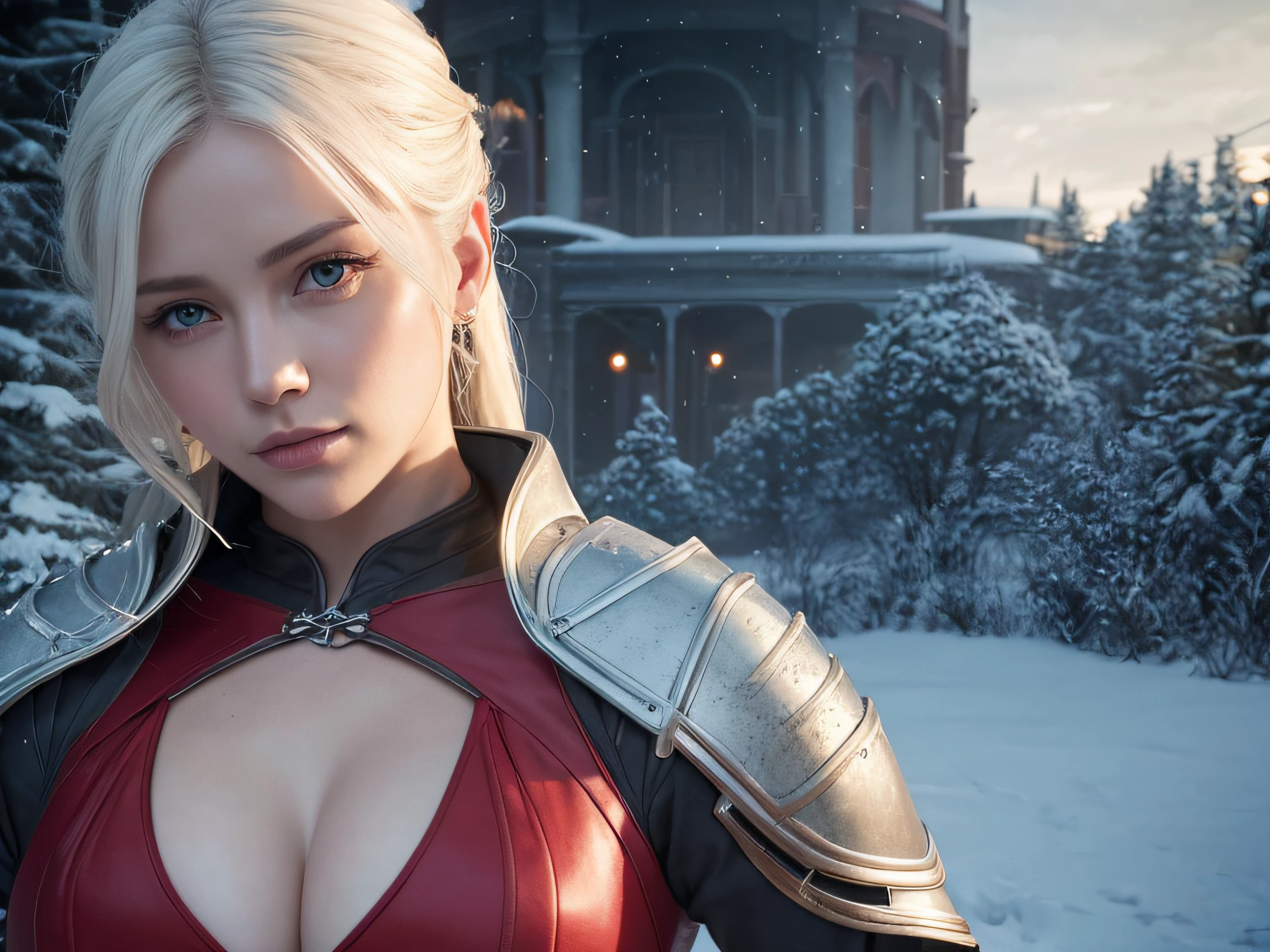 Cirilla Fiona Elen Riannon,Highest image quality,Outstanding details,超高分辨率,(Fidelity:1.4), Favor the details,closeup cleavage,dawn,Snow,winter,Behind it is the wizard's sword,He has a delicate and beautiful face,((Red and white semi-mechanical body:1.8)),Raised sexy,frontage,cyber punk perssonage,Futuristic,mechanically aesthetic,Virtual Engine 5,Perfect detail rendering,rendering by octane,hyper HD