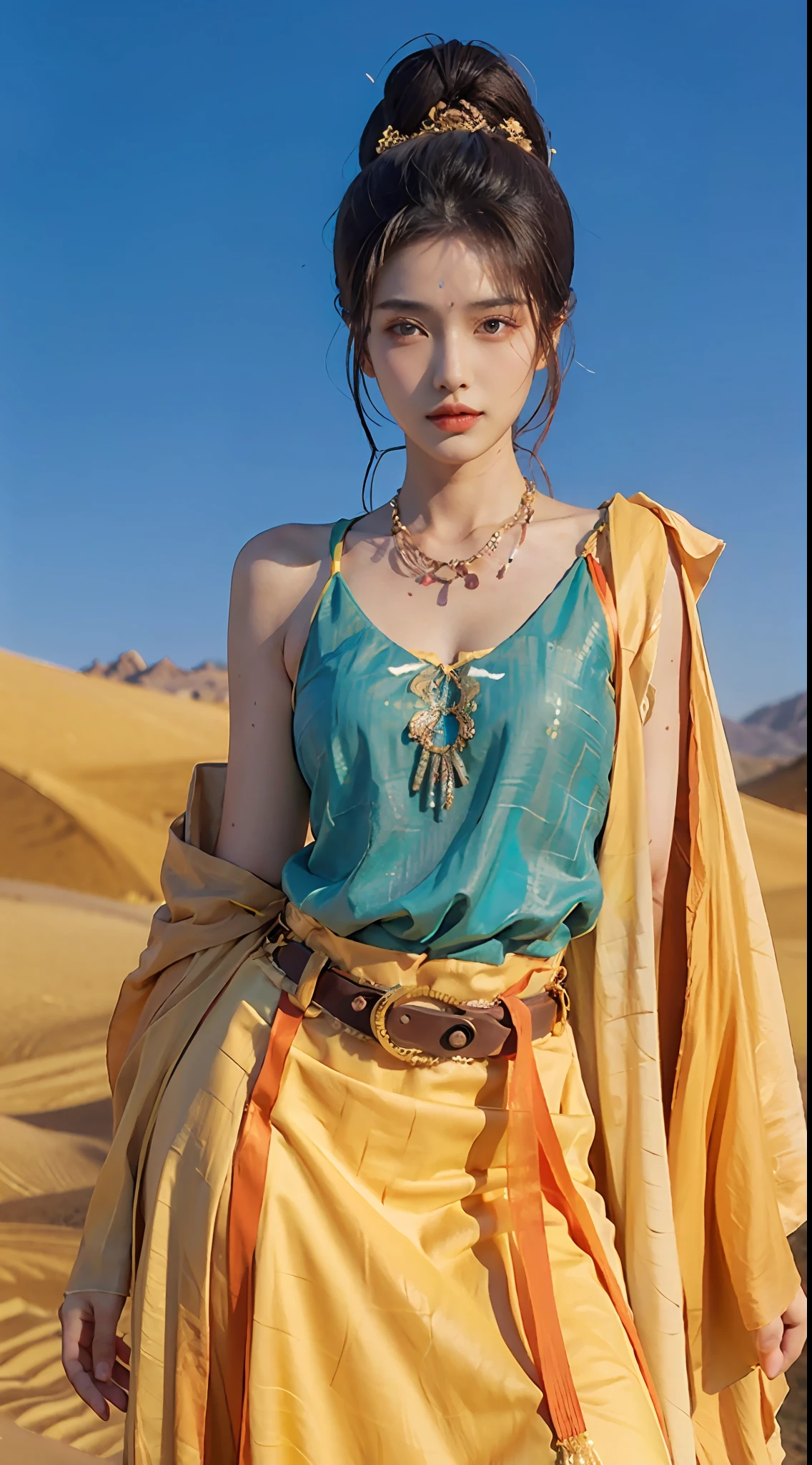 (Masterpiece: 1.3), best quality, high resolution, a tall and beautiful woman with dense textured skin, fine double eyelids and bright eyes, dark brown wavy hair, dunhuang_dress, dunhuang_clothes, around a belt, wearing a necklace, (desert dunes as a background), presenting beautiful facial details and skin texture.