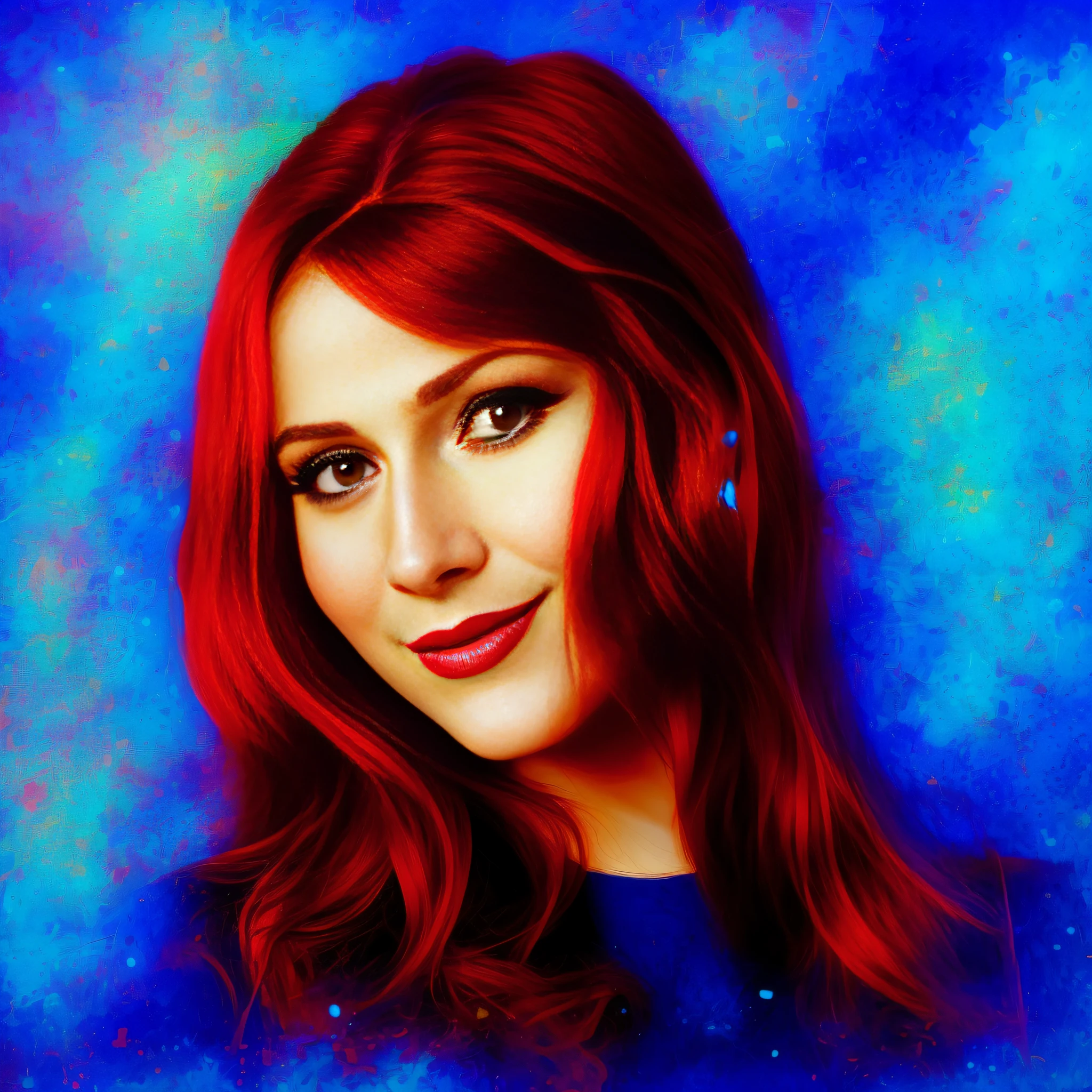 Picture of a woman with red hair and a blue background, Amy Pond, alena aemani digital art, Clara Oswald, digital art portrait, digital fantasy portrait, digital illustration portrait, High Quality Portrait, inspired by Rhea Carmi, color portrait, Portrait of a character in the head, digital art image, detailed color portrait, based on Gloria Muñoz, digital portrait