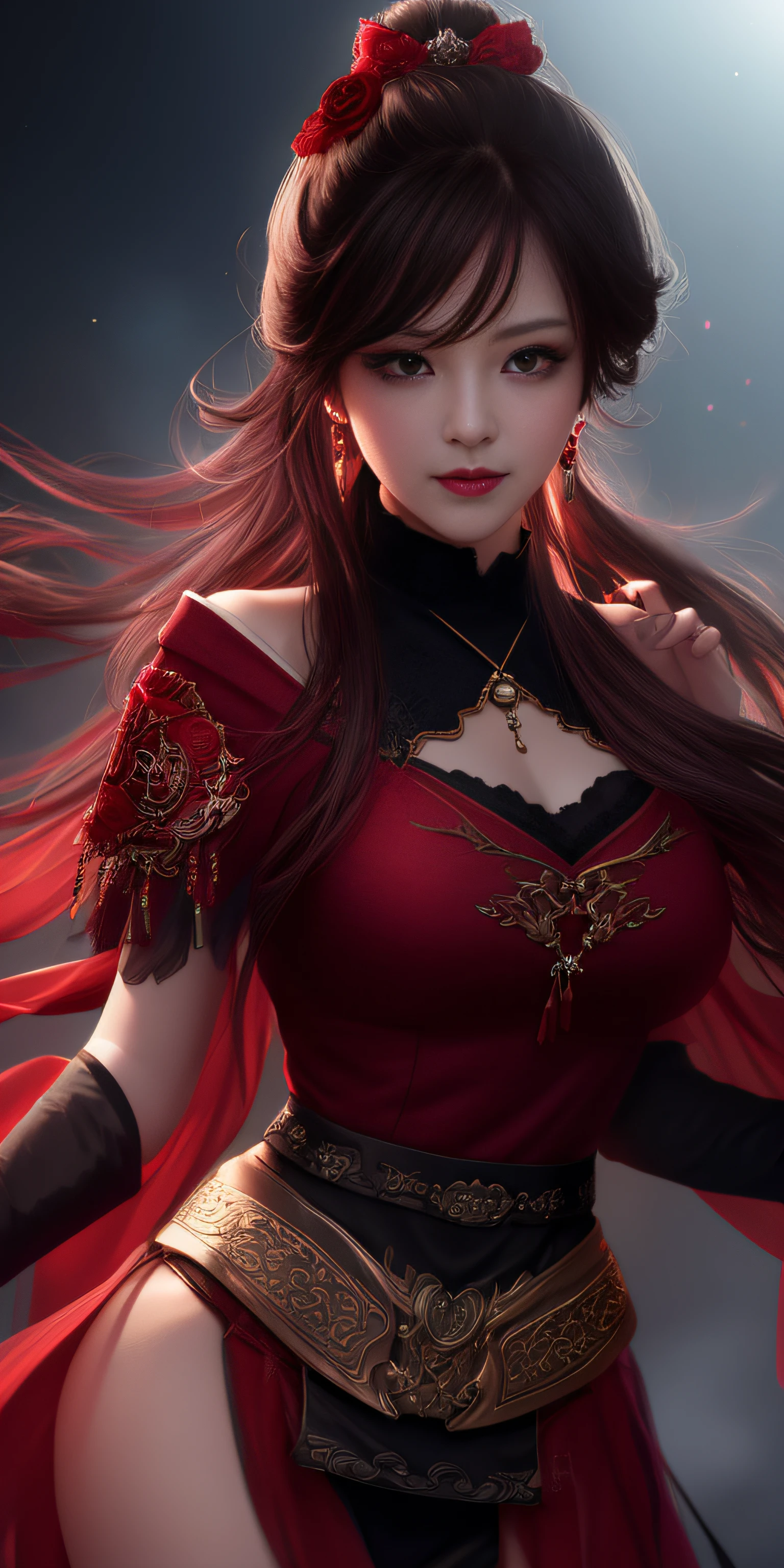 Best Quality, masutepiece, hight resolution, 1girl in, Hanfu, white and even teeth, Red irises, chinese underwear, Hair ornaments, Necklace, Jewelry, crown jewelry. Pretty Face, Upper body, Magic Import Style, Tindall Effect, photographrealistic, Dark Studio, border light, two tone light, (High Detail Skin: 1.2), 8K UHD, Digital SLR , Soft light, High quality, Volumetric Lights, Candid, Photo , High resolution, 4K, 8K, Bokeh, (Light pink lips), 1 beautiful demon from hell, In the Dark: 1.6), Surreal portraits of women by David Hockney and Alphonse Mucha, Fantasy Art, Photorealism, Dynamic lighting, station art, poster for, Volumetric lighting, extra detailed face , Super 8K, Awarded, In the Dark, deepshadow, low illuminance, cowboy lens, (Red Phoenix Shirt: 1.4), Long hair, Black hair, Bust, luxury palace, Royal style family, devil's crown, Red eyes with very sharp and detailed makeup, best faces, Very round and tight breasts, Surreal, chinese women's clothes, turtleneck polo lace top, Charming smile, Beautiful eye makeup, guweiz, devil style, Black lace stockings, ponytail with a bow at the back, dark red lips, Demons tattoo on shoulder, wearing a nightgown thin lace deep slit chest red black, lace cape, overcast and thundering landscape, (Portrait), Protagonist Close-up, (Background detail 1.8),