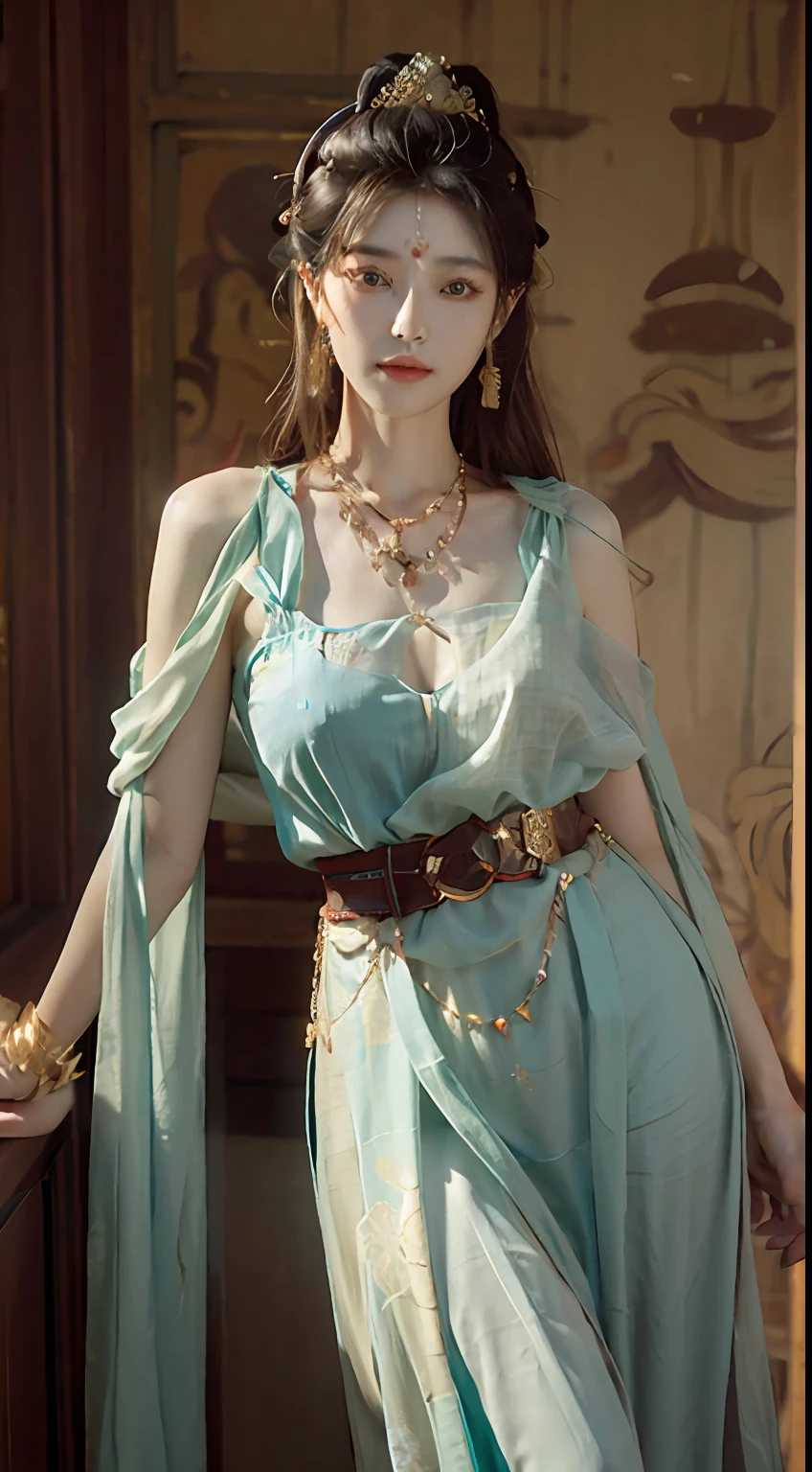 (tmasterpiece:1.3),best qualtiy,A high resolution,A tall and beautiful woman,Densely textured skin,fine double eyelids and bright eyes,Dark brown wavy hair,dunhuang_dress,dunhuang_clothes,Around the belt,Wearing a necklace,Presents beautiful facial details and skin texture。