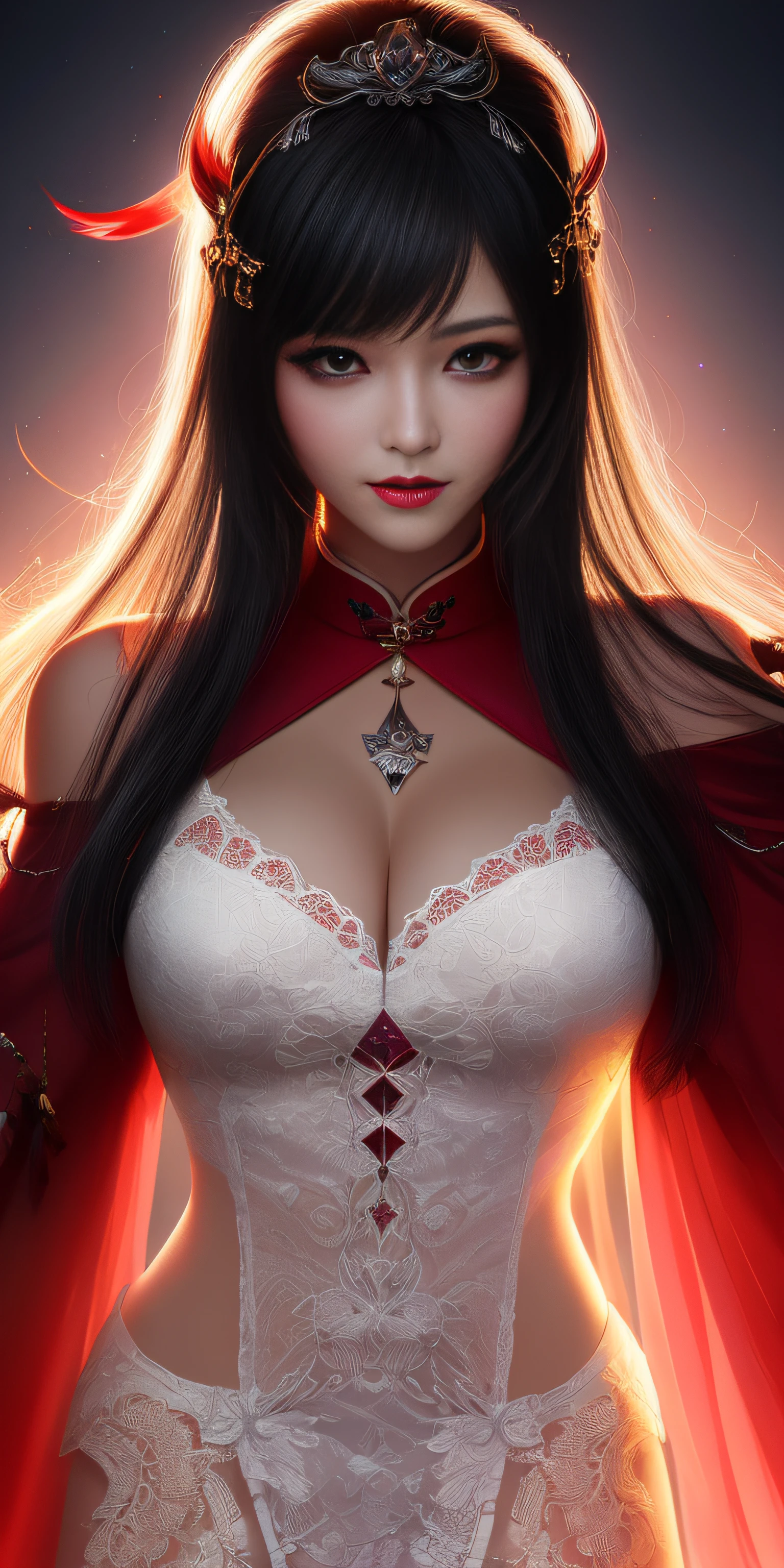 Best Quality, masutepiece, hight resolution, 1girl in, Hanfu, white and even teeth, Red irises, chinese underwear, Hair ornaments, Necklace, Jewelry, crown jewelry. Pretty Face, Upper body, Magic Import Style, Tindall Effect, photographrealistic, Dark Studio, border light, two tone light, (High Detail Skin: 1.2), 8K UHD, Digital SLR , Soft light, High quality, Volumetric Lights, Candid, Photo , High resolution, 4K, 8K, Bokeh, (Light pink lips), 1 beautiful demon from hell, In the Dark: 1.6), Surreal portraits of women by David Hockney and Alphonse Mucha, Fantasy Art, Photorealism, Dynamic lighting, station art, poster for, Volumetric lighting, extra detailed face , Super 8K, Awarded, In the Dark, deepshadow, low illuminance, cowboy lens, (Red Phoenix Shirt: 1.4), Long hair, Black hair, Bust, luxury palace, Royal style family, devil's crown, Red eyes with very sharp and detailed makeup, best faces, Very round and tight breasts, Surreal, chinese women's clothes, turtleneck polo lace top, Charming smile, Beautiful eye makeup, guweiz, devil style, Black lace stockings, ponytail with a bow at the back, dark red lips, Demons tattoo on shoulder, wearing a nightgown thin lace deep slit chest red black, lace cape, overcast and thundering landscape, (Portrait), Protagonist Close-up, (Background detail 1.8),