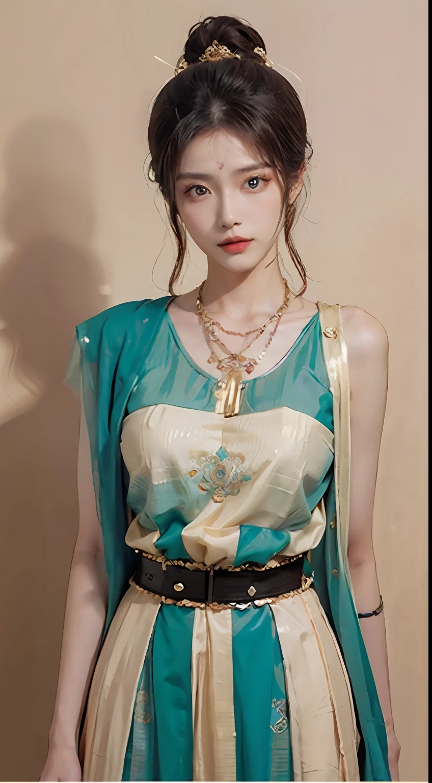 (tmasterpiece:1.3),best qualtiy,A high resolution,A tall and beautiful woman,Densely textured skin,fine double eyelids and bright eyes,Dark brown wavy hair,dunhuang_dress,dunhuang_clothes,Around the belt,Wearing a necklace,Presents beautiful facial details and skin texture。