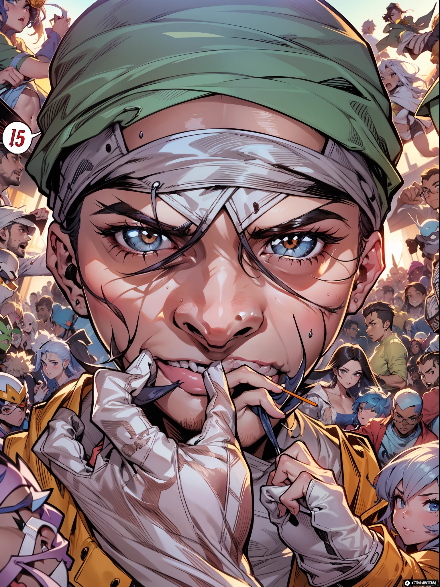 (arte principal joe madureira), Estilo HQ Comix, Drawing full of action and adventure, various characters, novos herois, fantastic paintings ,estilo grafite;, melhor qualidade, alta qualidade, alto, aprimoramento de detalhes, ((imagem mais bonita do mundo)) emphasis on the correct 5 fingers on each hand and the correct shade, , imagem brilhante, 4k, high resolution, comic book, personagem de quadrinhos, alta qualidade, alto, Amazing lighting, aprimoramento de detalhes, 8K resolution, Inspirador, disco Rigido, 4k, Natural volumetric lighting and better shadows, profundidade de campo, foco nítido,::Inking Comix in Pencil por Richard Luong ::, perfeito e detalhado angular agudo oval face humana, corpo inteiro, comiс style, anatomia perfeita, Centrado, Approaching perfection, Dynamic, altamente detalhado, folha de caracteres, art-station, arte conceitual, liso, foco nítido, illustration, olhos negros, Feliz, imagem brilhante, 8k, como assistir a um filme digital, Arte por Stanley Artgerm Lau, Arte por Kenneth Rocafort, Arte por Genzoman, Arte de Joe Madureira, Arte por BlushySpicy, Art by Stjepan Sejić, arte por j scott campbell, Art by Guillem March, Arte de Citemer Liu, 4k, high resolution, comic book, personagem de quadrinhos, comic, alta qualidade, best quality, alta qualidade, detalhes intrincados, Ultra sharp, extremamente detalhado CG unidade 8k, Man with white denim blouse and cap, correndo freneticamente em uma cidade cheia de gente