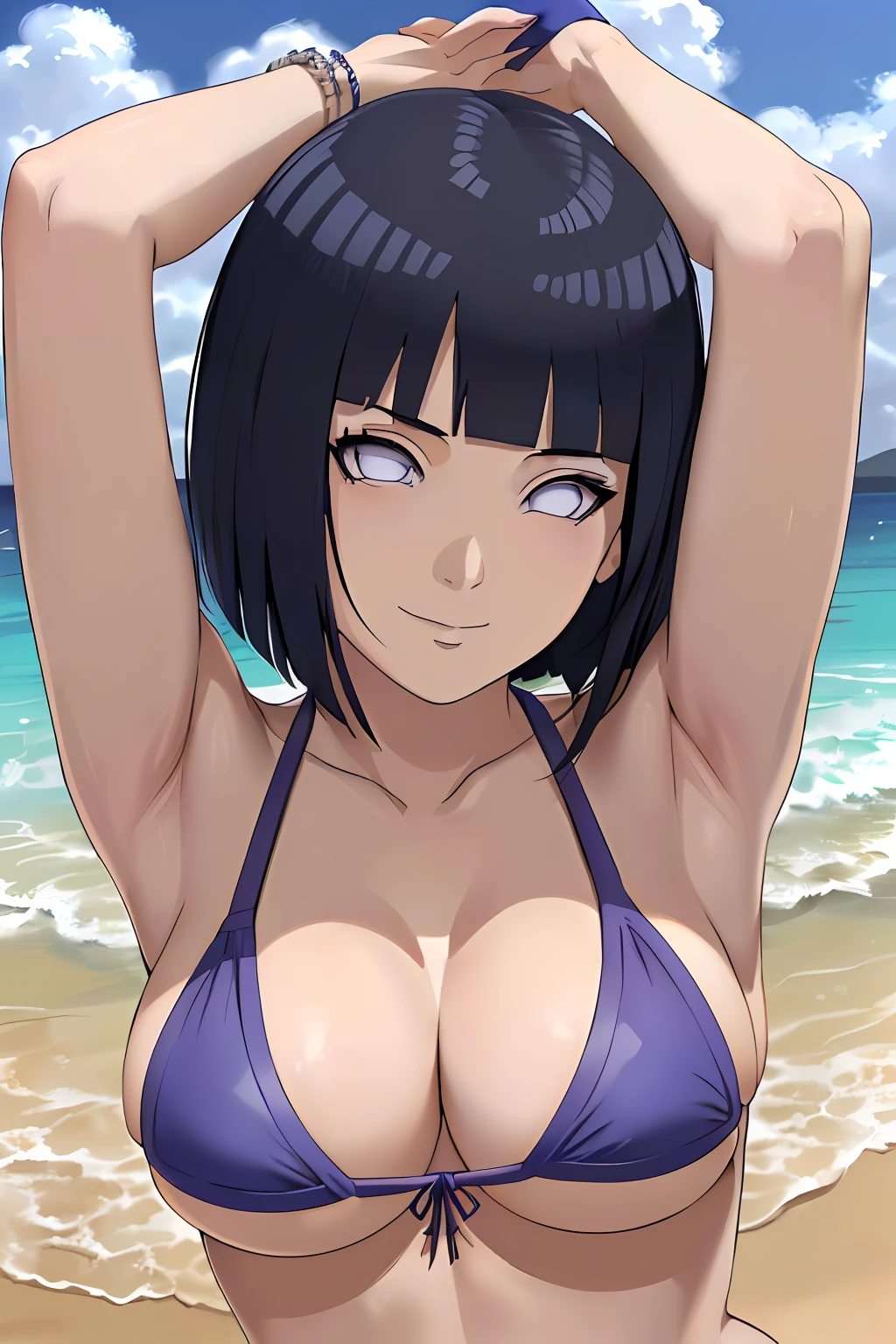 (masterpiece, anime style:1.9, bold drawing lines, plain, squating, bare body, , less clothing, rough shadows, taking off shirt, bare shoulders, sand on body, polished nails, seductive, white micro bikini, no shirt, showing off), hinata\(boruto\), mature femanbathing, milf, (curvy:0.8)lo, short hair, hime cut, (dark blue hair color:1.1), white, flat belly, perfect eyes, anime eyes, smoky eyeliner, eyeshadow, perfect face, shy, sharp focus, professional artwork, intricate details, colorful, vibrant colors, vivid colors, digital blending, ultra detailed body, ultra detail hair, ultra detail face, trending on pixiv, kind smile, happy, very hot colors, sunrays, beaten, holding armpit