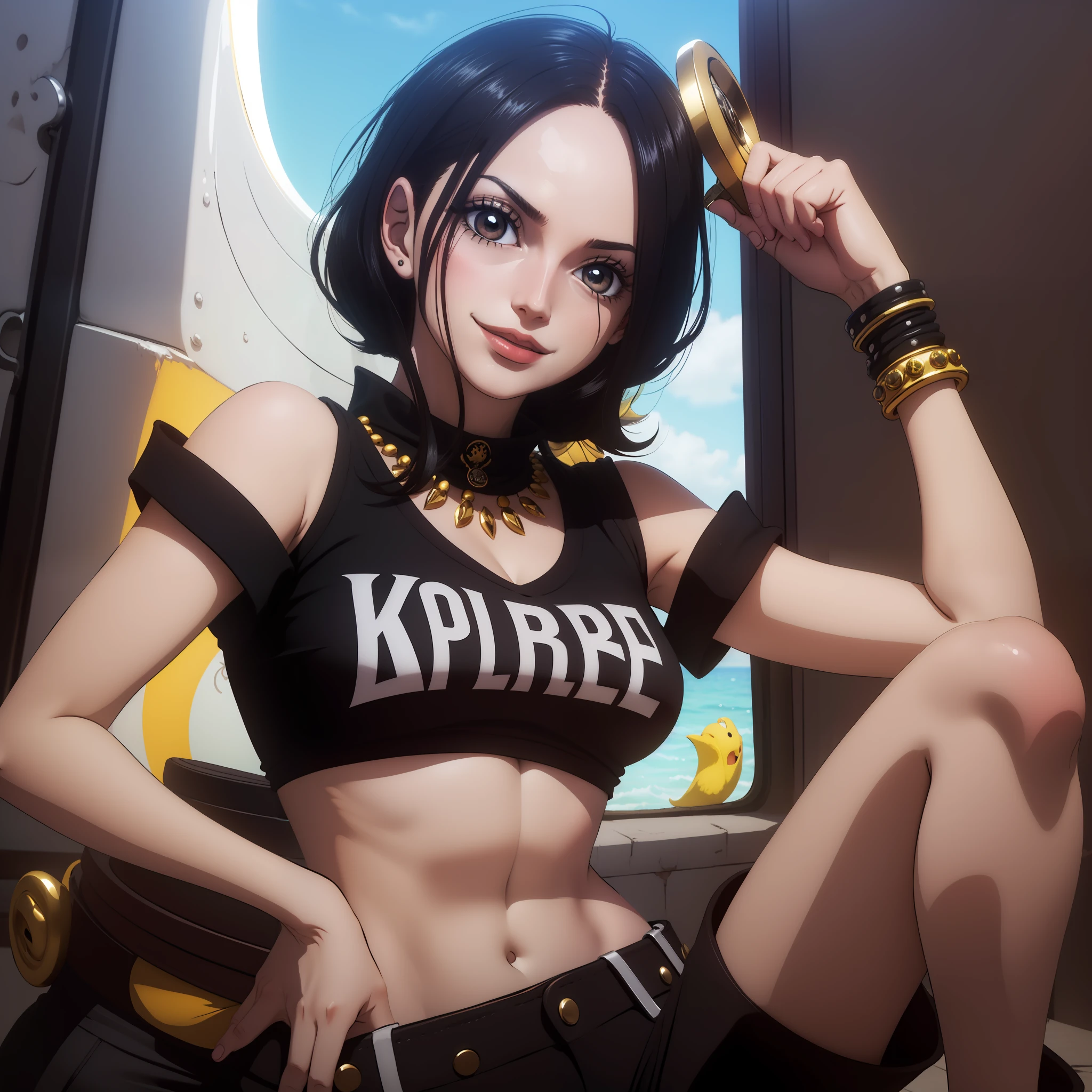 melhor qualidade, Woman with medium black hair, camiseta preta comprida com escamas de cobra amarela seios pequenos, cinto preto olhos vermelhos brilhantes, cabelo preto, colar, Pose fofa, black collar high black pants, expression with a smile at the corner of his mouth, pose de lado, batom vermelho na boca, majo, dentro de um navio, em alto mar, mar atras, Olhos vermelhos, cabelo comprido pretos, olhos vermelhos brilhantes, pirata, navio de pirata, Pose para foto, com uma katana, encarada mortal, colar, bracelete, usando oculos de sol vermelhos, boa hancok Cobra amarela pose feliz