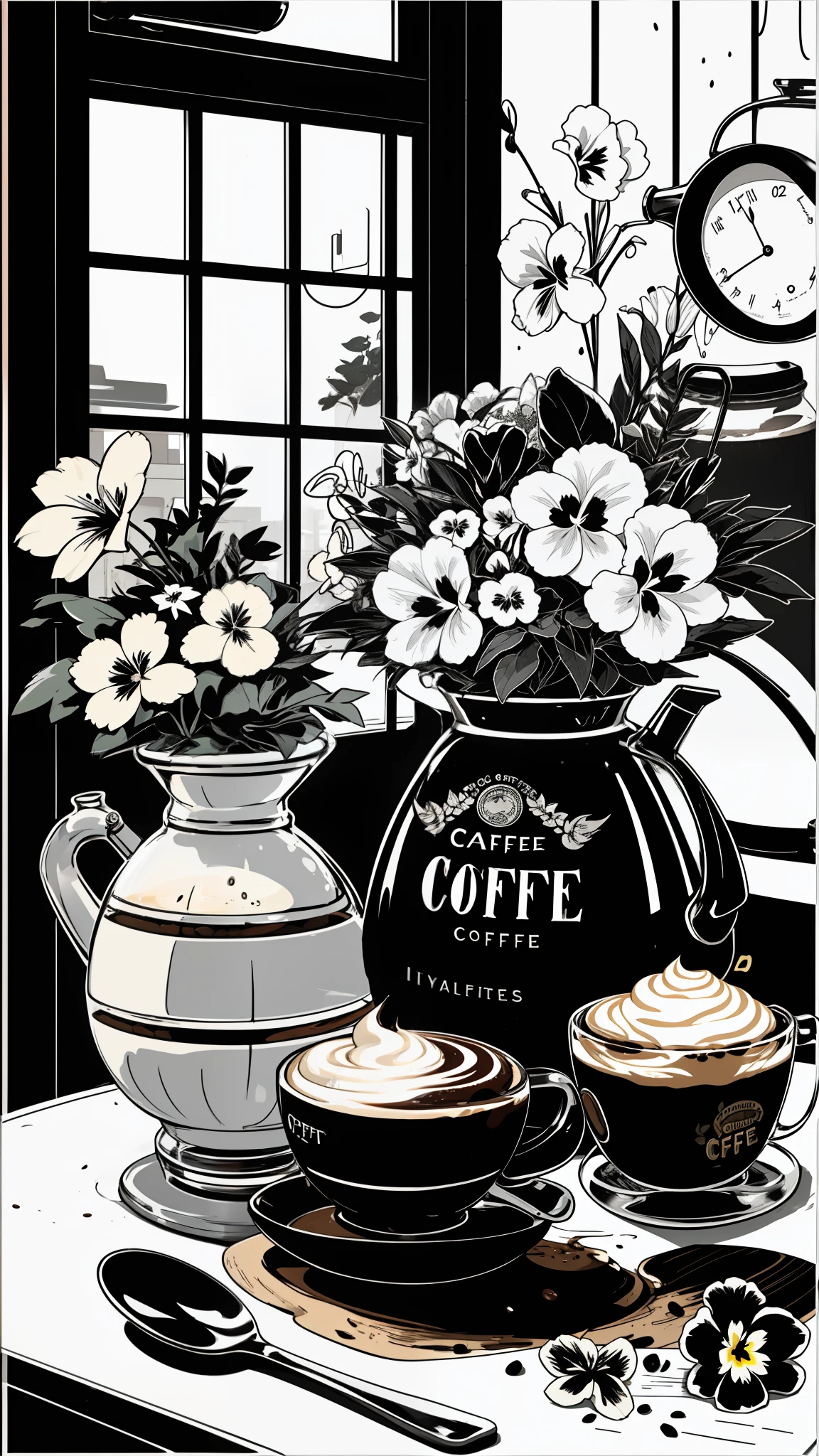 Ice cream shop, fruits, cappuccino, milk, steampunc,kettle,Flowers, Good morning, Coffee table,higly detailed,  Octane Render, Studio,  cafes, coffee pot,a cup, Statuettes,,Pretence,Buttons, bright neon, epoxy pansies