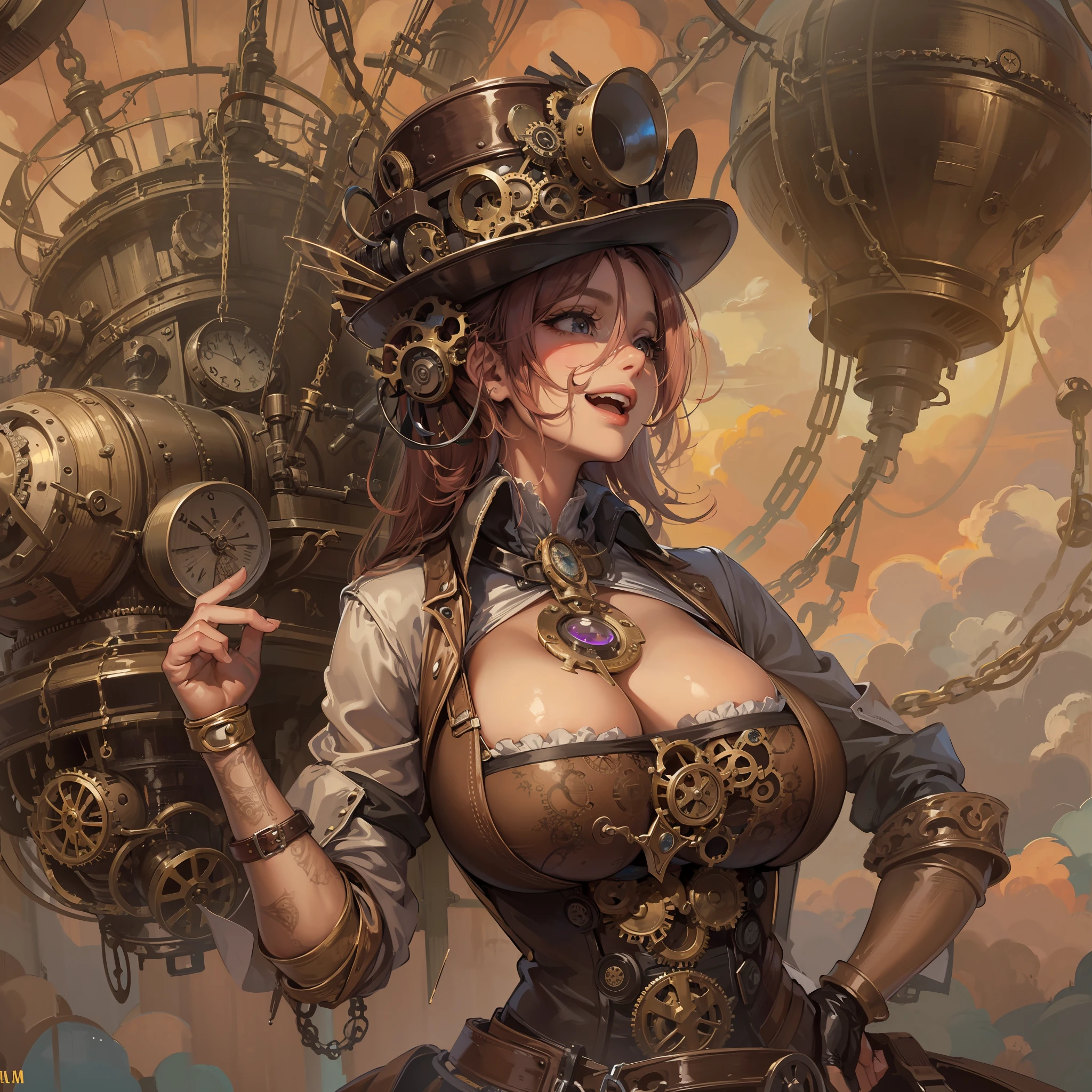 (((steampunk ,sonrisa sensual malvada,gigantic sagging breast))), 1 mujer joven sexy, pecho gigantesco, marcado, areola grande marcada, cameltoe marcado, ropa steampunk, pezones marcados,dirigible steampunk, nubes, cabello rayado, cabello negro, reflejo de ojos, maquillaje, boca abierta, sonrisa, alto detalle, gothic art, barroco, desenfoque de movimiento, trazado de rayos, Reflection light, Multiple views, perspectiva, ultra gran angular, obra maestra, Anatomically correct, piel texturizada, Super detail, altos detalles, alta calidad, mejor calidad, altas, 16k, HD