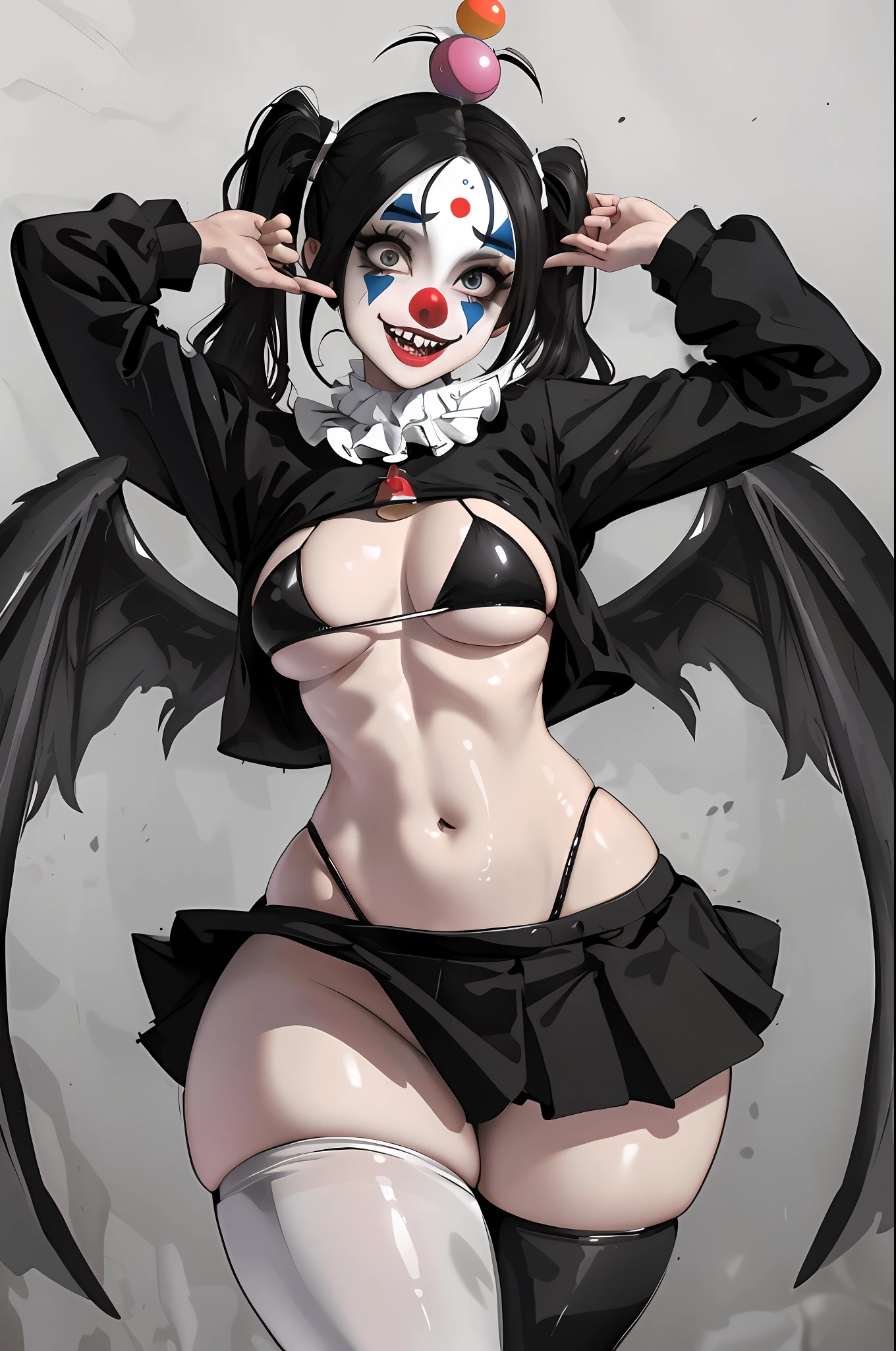 Imagen de Arafed de una mujer vestida con un disfraz con nariz de payaso, Anigirl Batman, Chica de anime demonio, Cutecore Clowncore, y 2 k Cutecore Clowncore, Gothic Clown Girl, Artgerm extremadamente detallado, Mejor valorado en Pixiv, succubus, Beautiful succubus, Chica demonio, Ahegao, Gama Murata y Artgerm, Enojada, cruzada de brazos