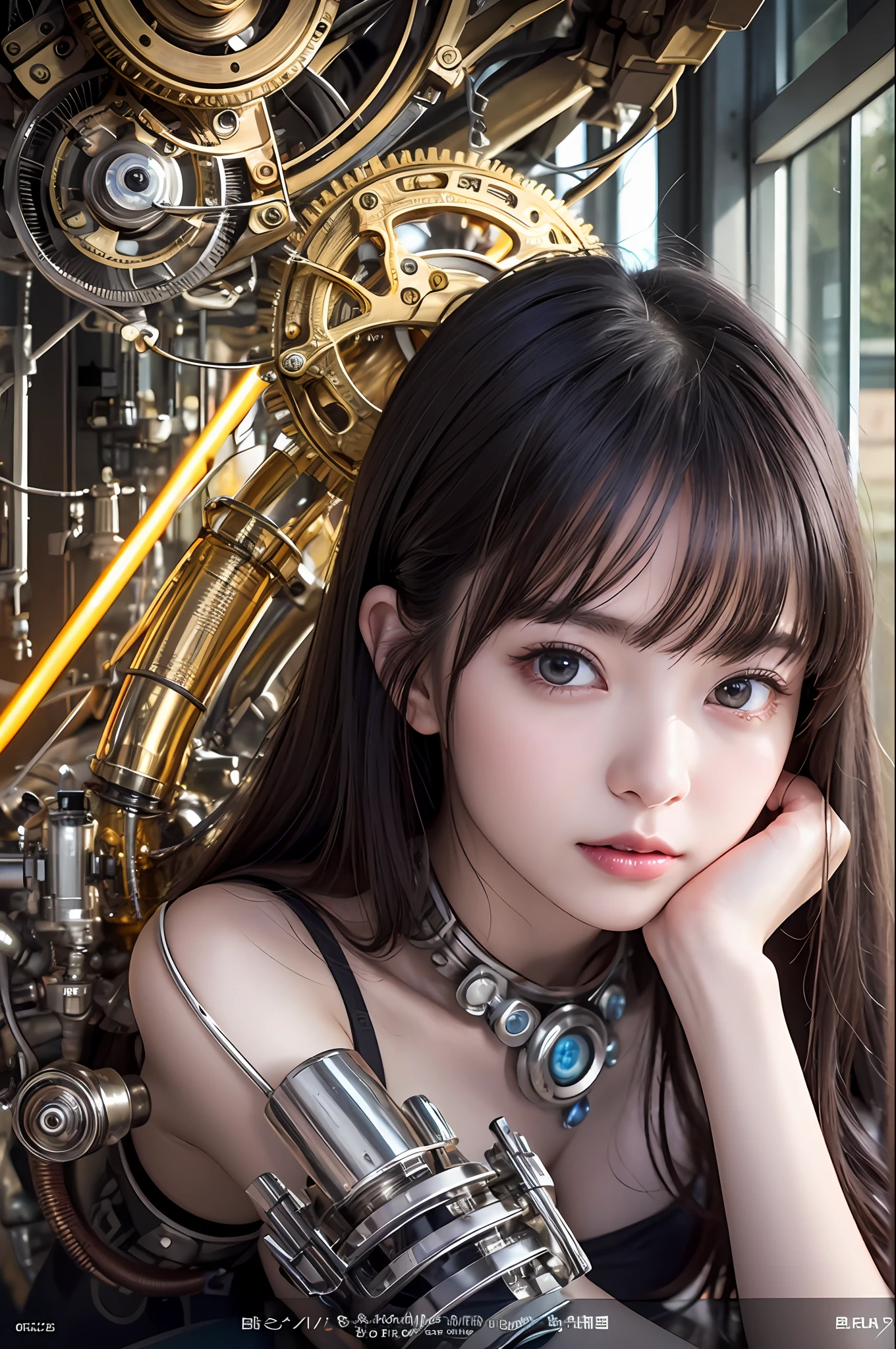 top-quality、masterpiece、超A high resolution、(Photorealsitic:1.4)、Raw photo、1人、Black hair、glowy skin、1 Mechanical Girl、((super realistic details))、portlate、globalillumination、Shadow、octan render、8K、ultrasharp、character edge light,huge tit、Raw skin is exposed in cleavage、metals、Details of complex ornaments、Steampunk details、vacuum tubes、Nixie Kan、Oil pressure gauge、Glass Kan、Analog Meter、gear wheel、gear、Golden hydraulic cylinder、highly intricate detail、Realistic light、CGSoation Trends、a purple eye、radiant eyes、Facing the camera、neon details、Mechanical limbs、blood vessels connected to tubes、Mechanical vertebrae attached to the back、mechanical cervical attaching to neck、sitting on、Wires and cables connecting to the head、Evangelion details、Small LED lamp、
