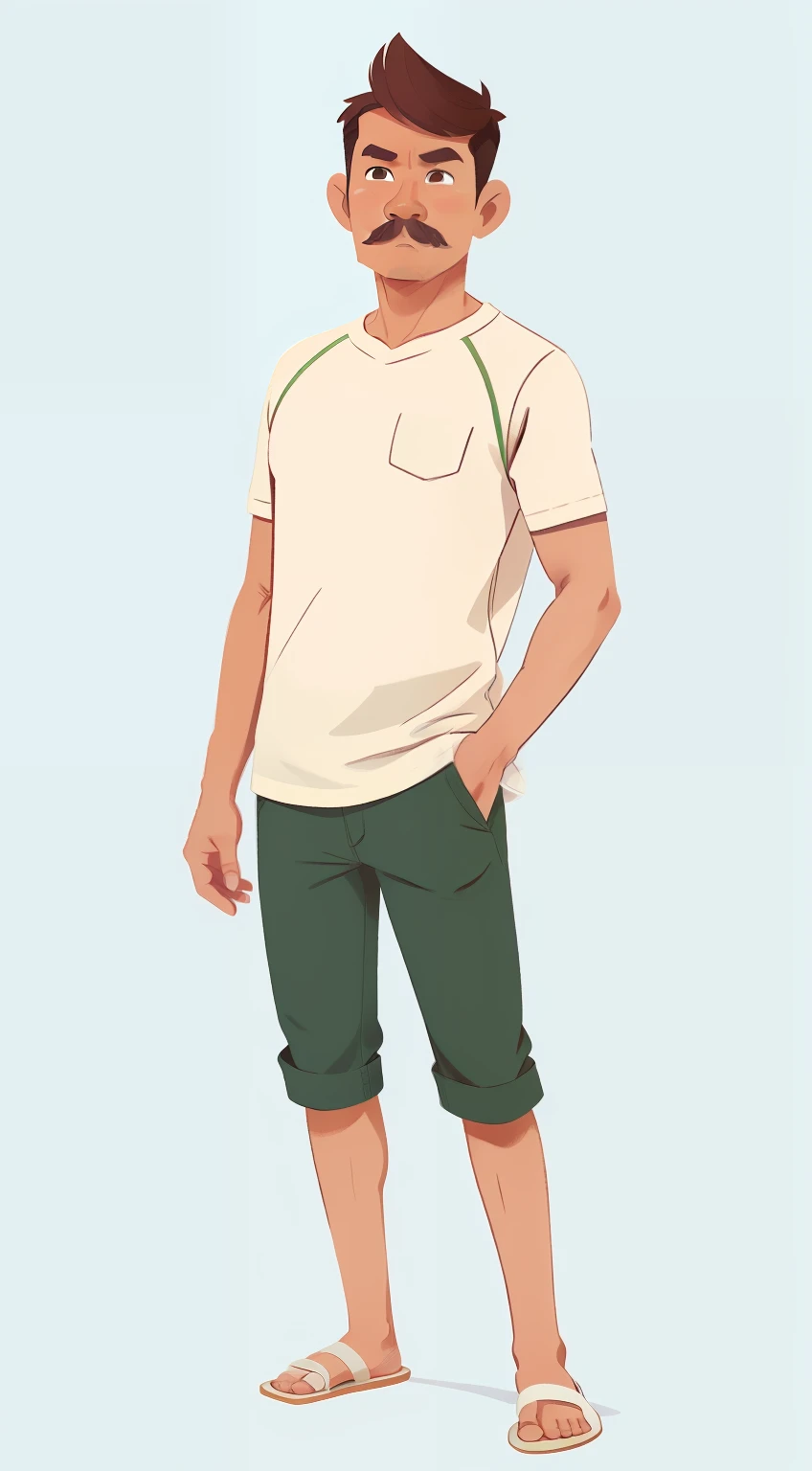1 man, Filipino man 40 year old, full body illustration, front view, wearing a white casual singlet, thin moustache, flipflop, skinny body, short green pants, no abs, white background, brown skin, tan skin, black skin, short hair