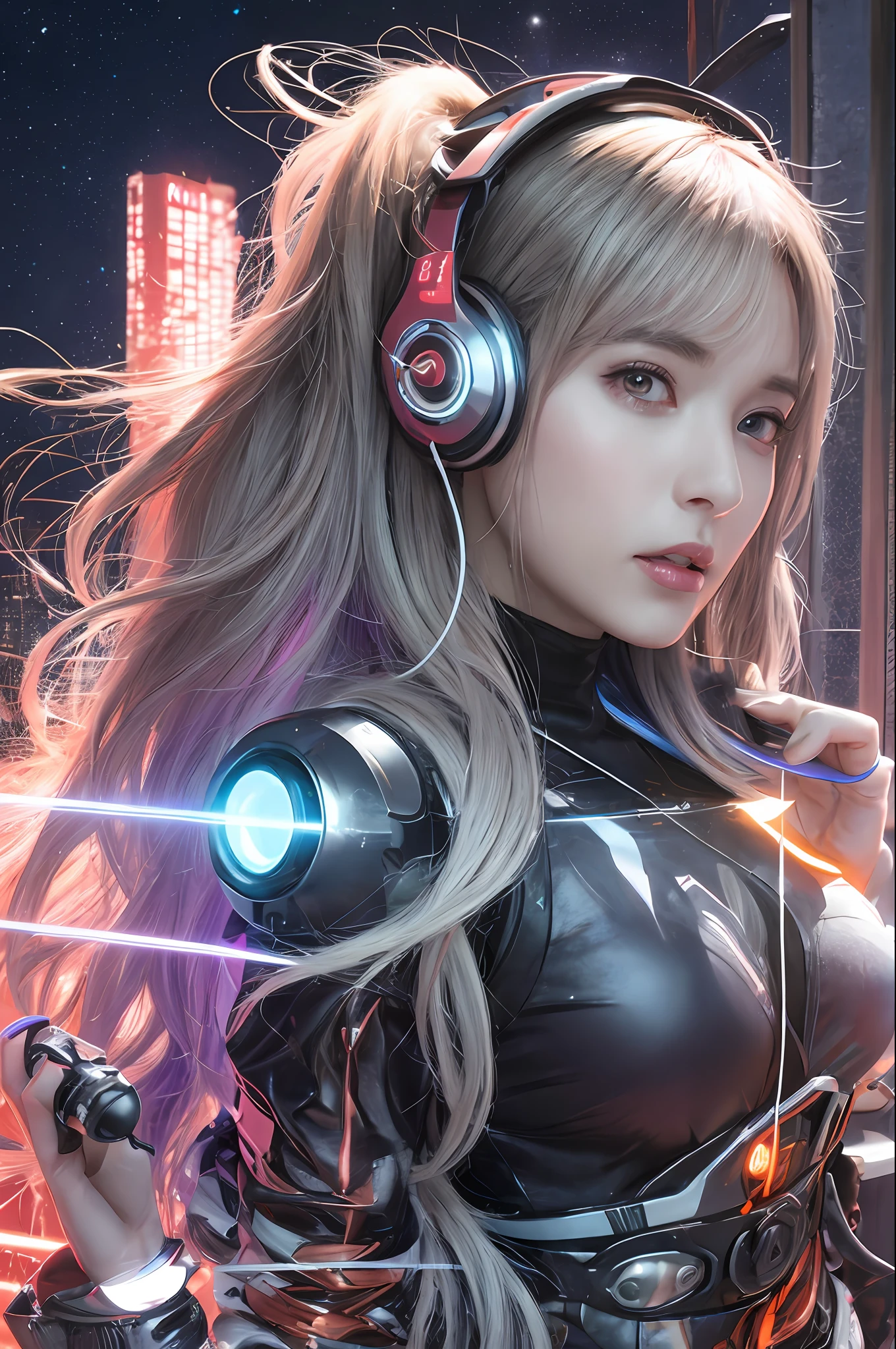 1 girl, white and orange, White Plastic Cyber Huncredi、Colossal tits、The cleavage is visible、 mech body、Gothloli details、Dynamic Pose, glowing headphone, glowing hair accessories, Long hair, glowing earrings, glowing necklace, long straight hair flying messy,a purple eye、 Silver hair, Mechanical body, Hydraulic cylinder、Luminous tube、Glowing LEDs、Futuristic headset、High-tech City, Full of mechanical and futuristic elements, A futuristic, Technology, glowing neon, orange, Orange Light, laser, digital background city sky, Big Moon, Best Quality, masutepiece, 8K, character edge light, Super High Detail, High quality, the most beautiful woman in human beings, background many advertising light boxes