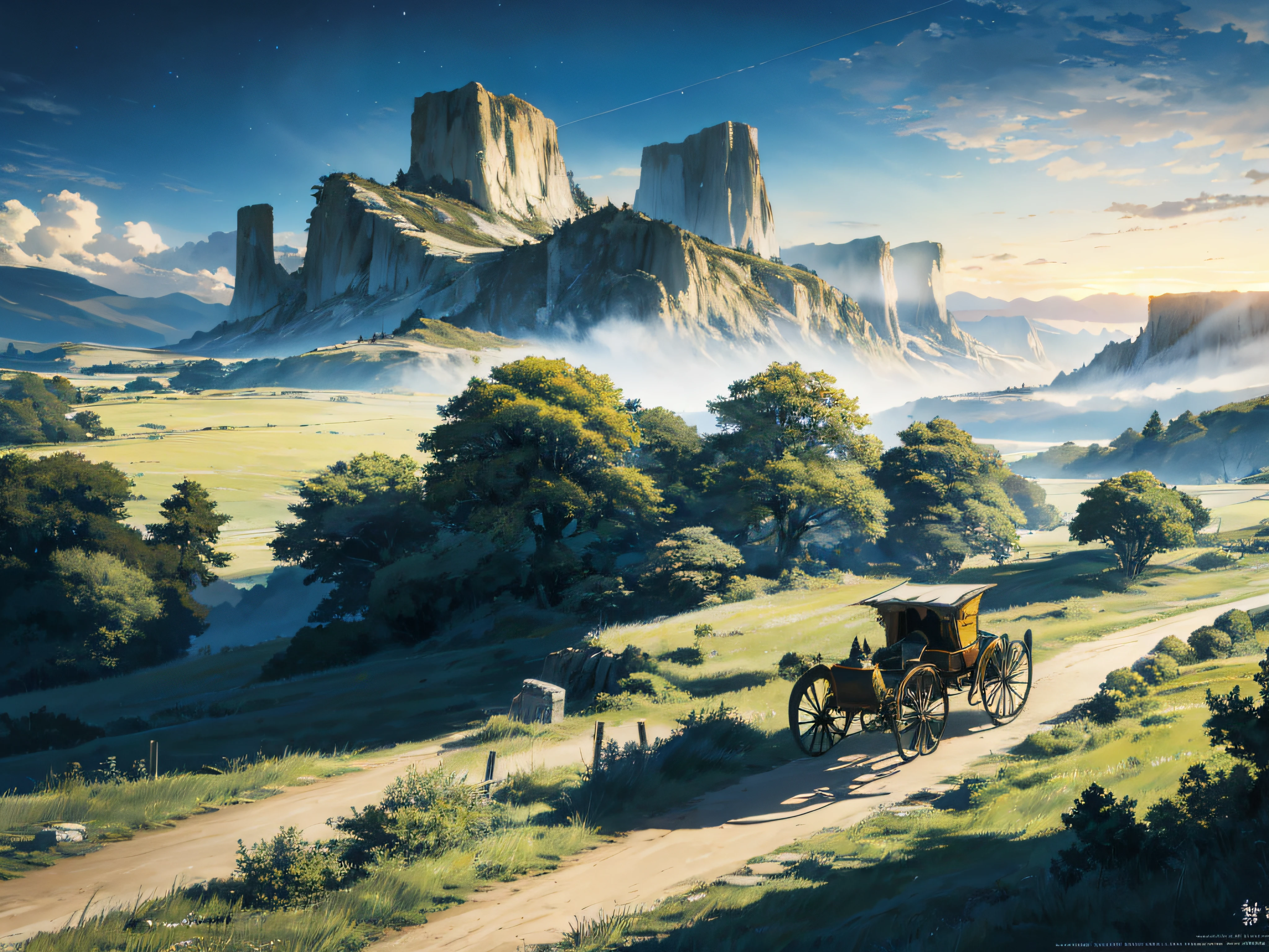 (((tmasterpiece))),best qualityer,ultra - detailed,the Extremely Detailed CG Unity 8K Wallpapers,breath-taking,Full of tension and drama,stunning visuals,the vast grasslands,The North Star shining high,Colorful natural light,Direct access to the sidewalk,There is a horse-drawn carriage on the road