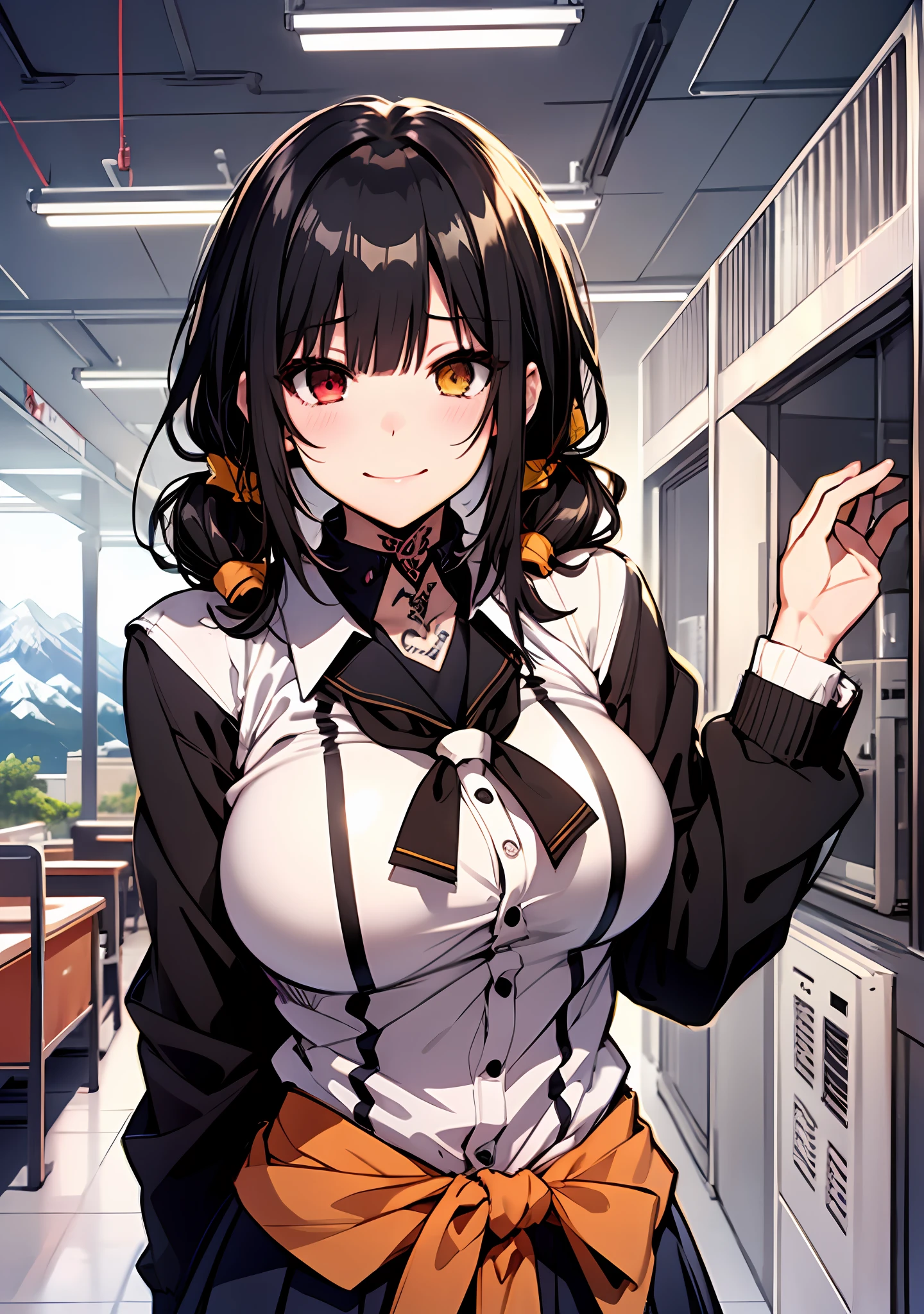 Masterpiece, high quality, ultra quality, best lighting, 1girl, ((tokisaki kurumi)), tokisaki kurumi, long hair, black hair, low twintails, monochrome, ((right red eye:1, left yellow eye:1)), black school uniform, ((black school uniform)), ((big breast)), ((big thigh)), smile, blush, cute face, ((gesugao face)), standing, sexy body, sexy, tattooed full body, looking at viewer, large the breast, nsfw, (((mountain)))