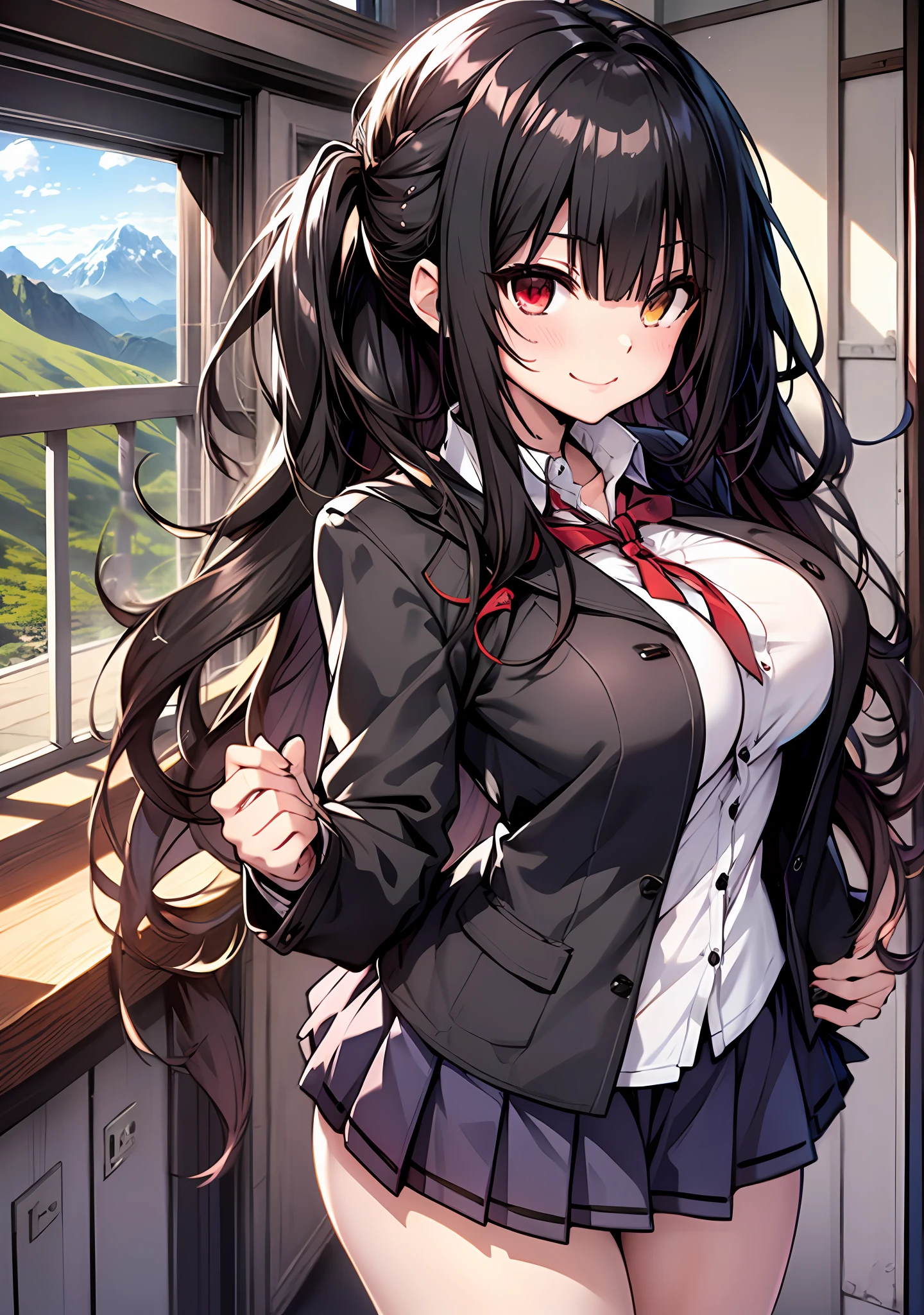 Masterpiece, high quality, ultra quality, best lighting, 1girl, ((tokisaki kurumi)), tokisaki kurumi, long hair, black hair, low twintails, monochrome, ((right red eye:1, left yellow eye:1)), black school uniform, ((black school uniform)), ((big breast)), ((big thigh)), smile, blush, cute face, ((gesugao face)), standing, sexy body, sexy, tattooed full body, looking at viewer, large the breast, nsfw, (((mountain)))