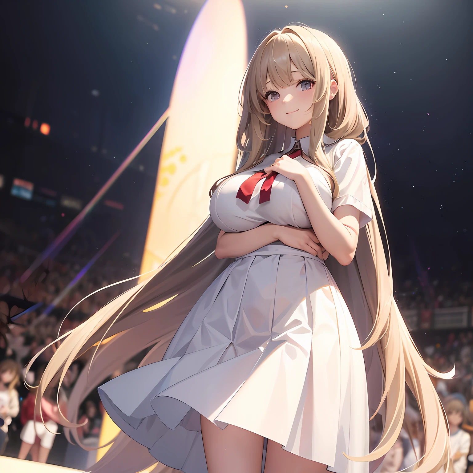 1girll，brunette color hair，long whitr hair，By bangs，Crisp white translucent skirt，shyness，anime big breast，full bodyesbian，facing away from the audience，Look up at the sky， beautidful eyes， Nice face，Kind smile，eventide，rosy clouds --auto