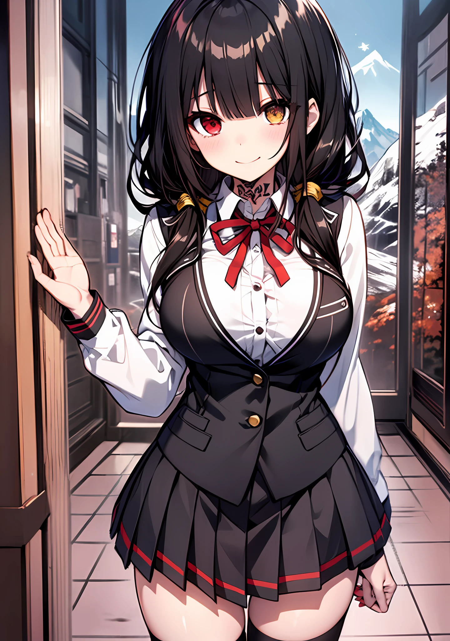 Masterpiece, high quality, ultra quality, best lighting, 1girl, ((tokisaki kurumi)), tokisaki kurumi, long hair, black hair, low twintails, monochrome, ((right red eye:1, left yellow eye:1)), black school uniform, ((black school uniform)), ((big breast)), ((big thigh)), smile, blush, cute face, ((gesugao face)), standing, sexy body, sexy, tattooed full body, looking at viewer, large the breast, nsfw, (((mountain)))