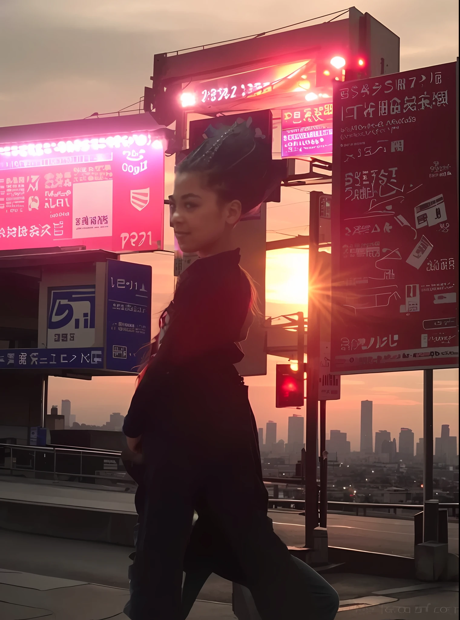 Cristal brillante en el horizonte de un tojo y bello atardecer en la ciudad de tokio llena de neones y carteles luminosos