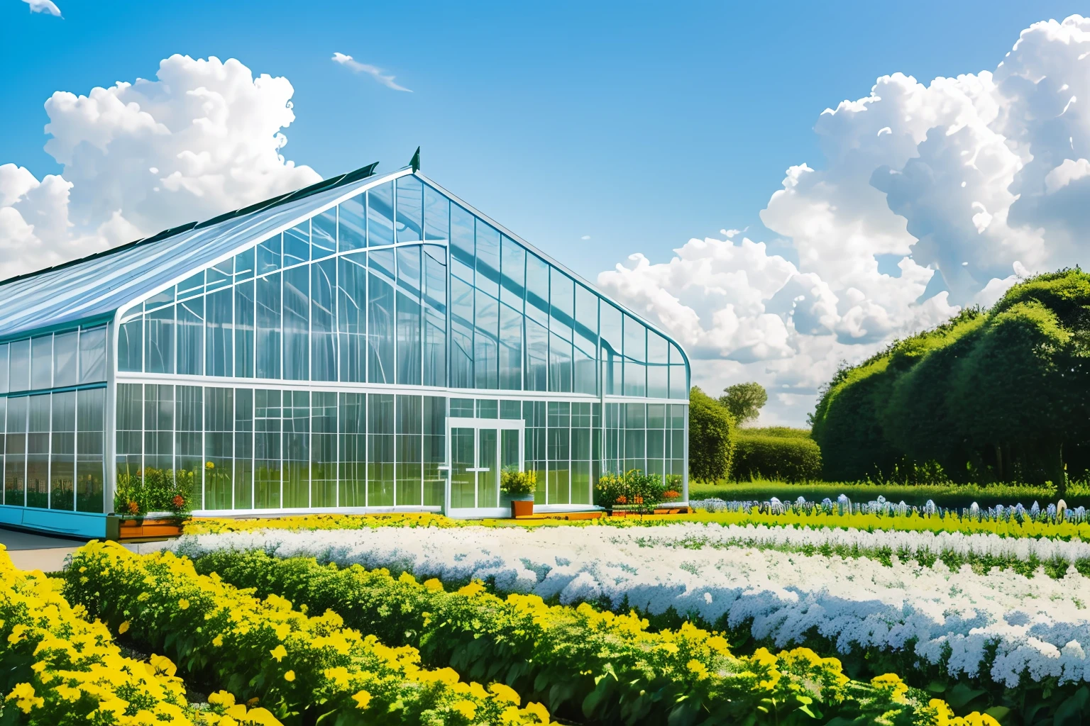 Artificial Intelligence Greenhouse ,grand scenes, scenes, live photo, 8k, kodak, shutterstock, blue sky and white clouds, floriculture --auto