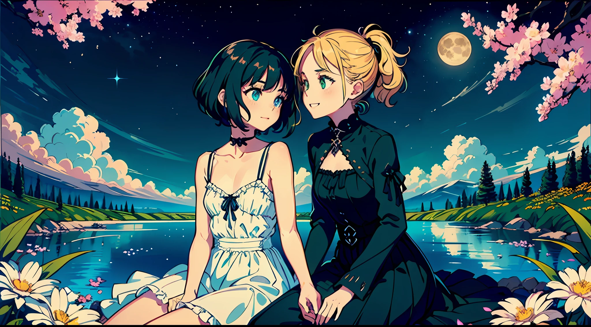 masterpiece, best quality, a pair of twins sitting together enjoying the night sky,
2girls, twins, opposing personalities, (colorful), (finely detailed beautiful eyes and detailed face), cinematic lighting, ((young, petite, flat chest, tiny chest, long blonde hair, blue eyes, sundress, innocent, frolicking, joyful)), ((a-cup chest, short black hair, green eyes, sitting, stoic, gothic outfit, content)), extremely detailed CG unity 8k wallpaper, smug smile, viewed from front, sitting, low angle view, sitting seductively, ((flying petal)), ((detailed background, night, gemini constellation visible in the sky, brilliant starscape, Flowery meadow))
sky, cloudy_sky, building, moonlight, moon, night, (dark theme:1.3), light, fantasy,