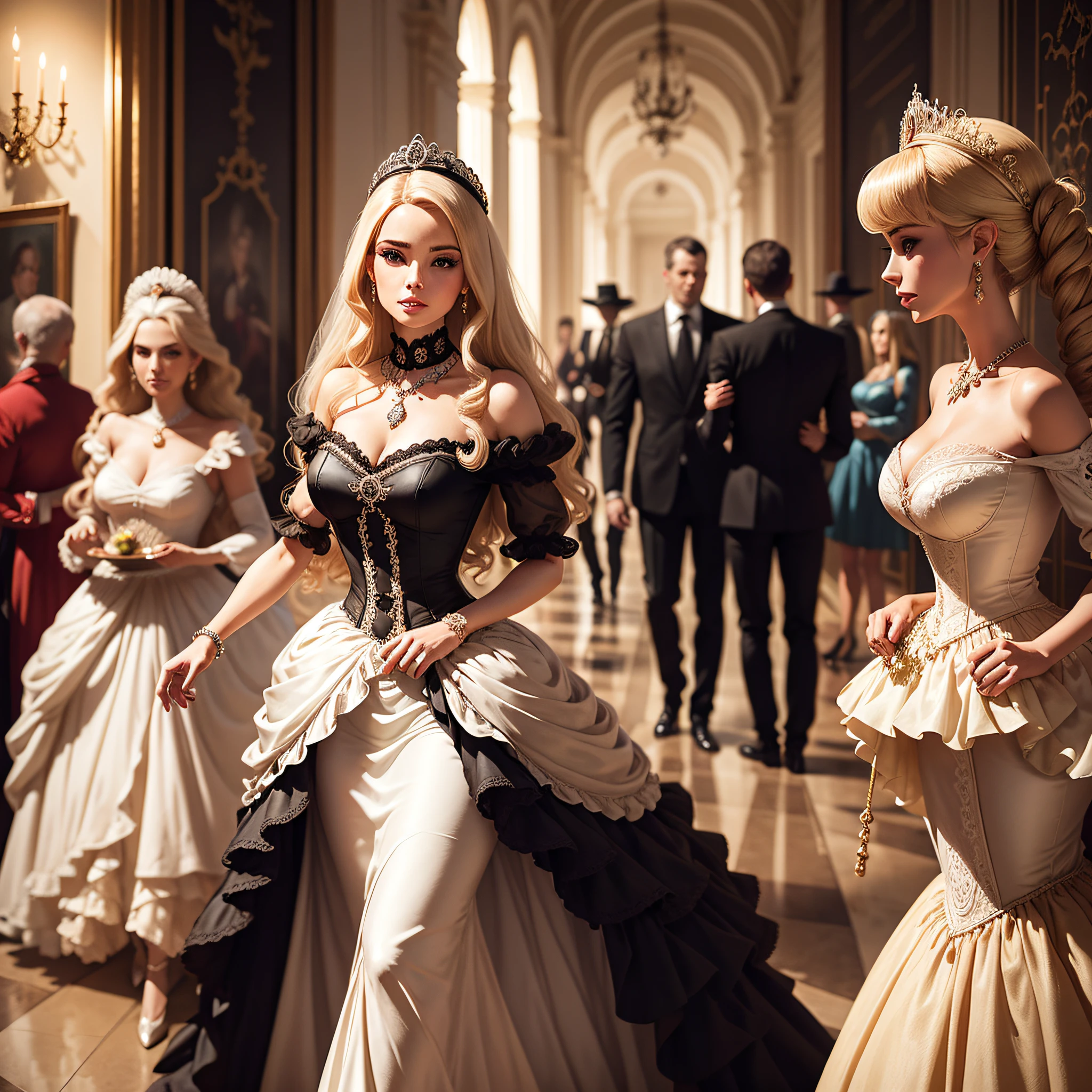 Viaje no tempo com a Barbie enquanto ela se torna uma dama vitoriana, strolling gracefully in a grand historic mansion. With a bright ball gown and an umbrella in hand, She captivates with timeless elegance.