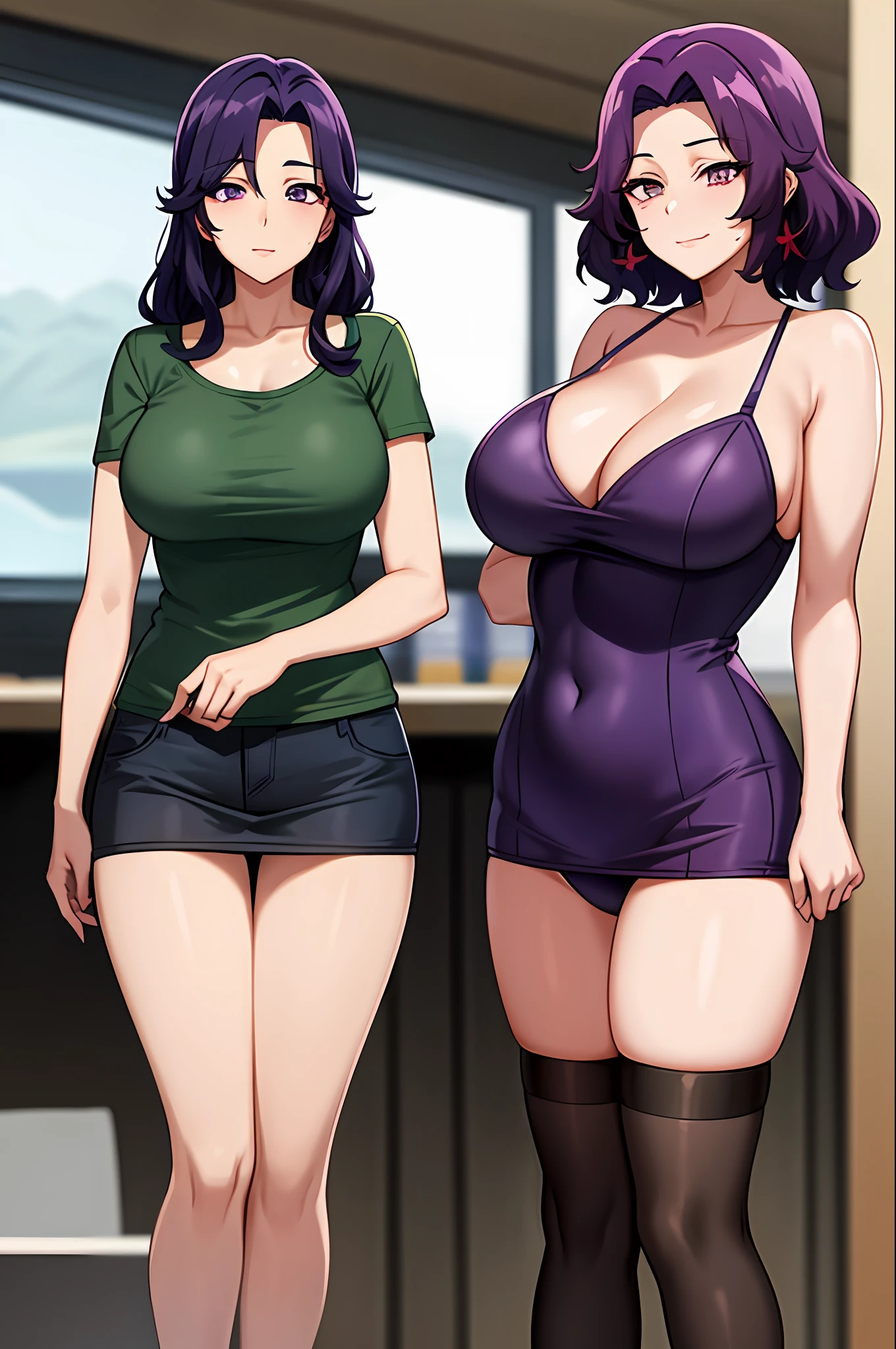 best qualityer，（tmasterpiece：1.2），highly  detailed，sitted，Mature woman，
1girll， 独奏， hamaoka azusa，
looking at viewert，ssmile，，
Purple eye，Purple colored hair，short detailed hair，green-shirt，Red bra strap，Full buttocks，plumw，big breasts body，moodiness