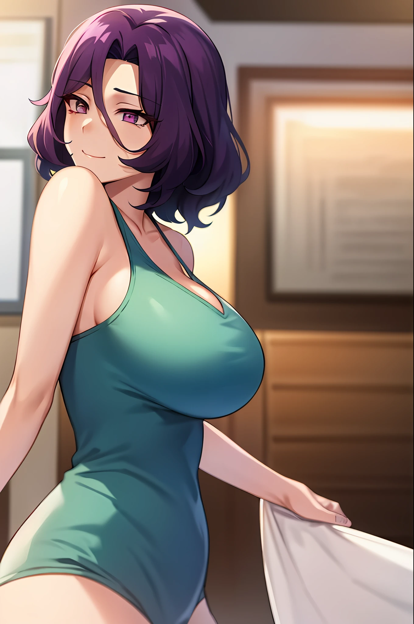 best qualityer，（tmasterpiece：1.2），highly  detailed，sitted，Mature woman，
1girll， 独奏， hamaoka azusa，
looking at viewert，ssmile，，
Purple eye，Purple colored hair，short detailed hair，green-shirt，Red bra strap，Full buttocks，plumw，big breasts body，moodiness