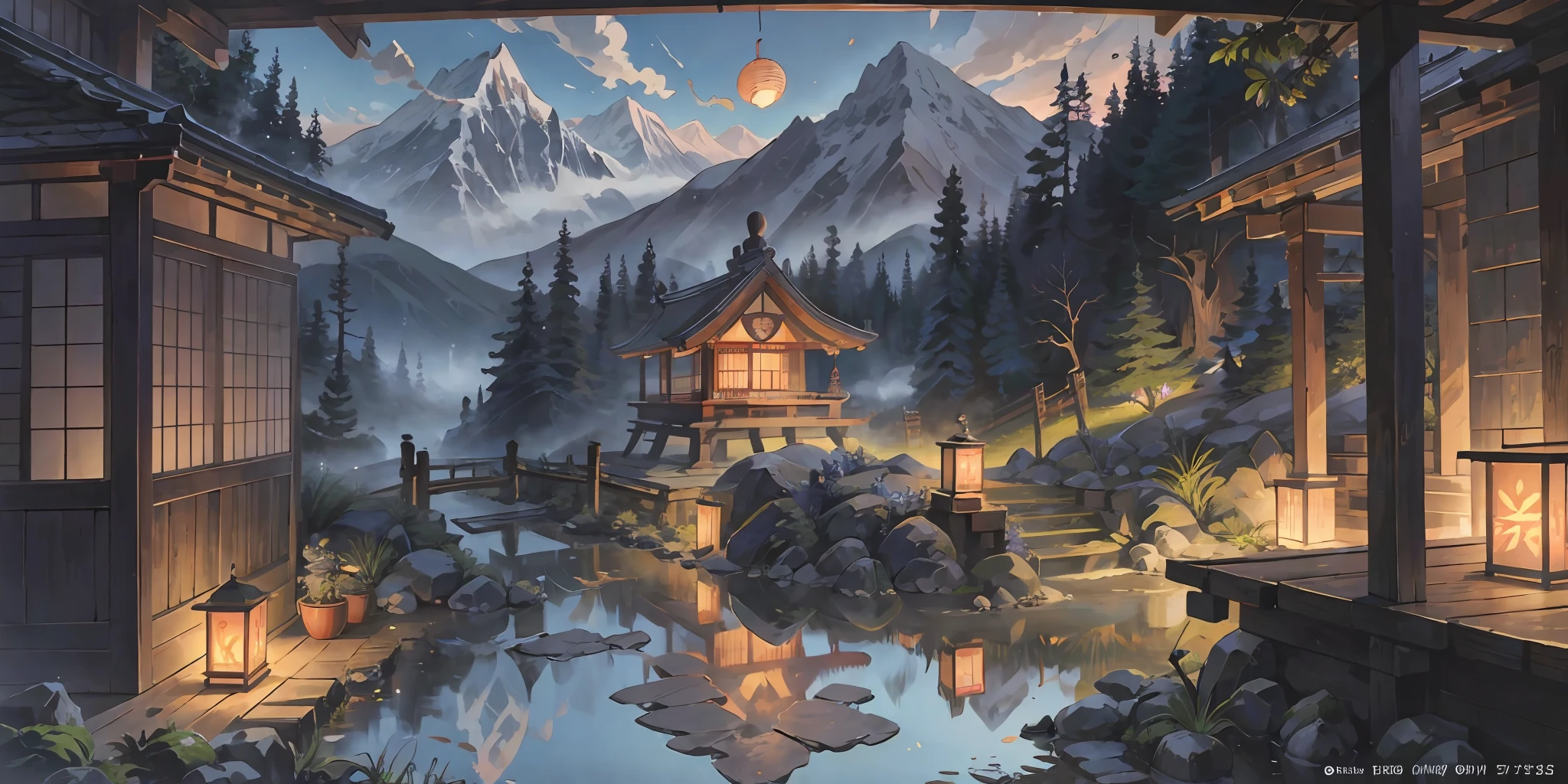 masterpiece, best quality, highly detailed background, side lighting, BREAK [(1girl, solo:1.5):1girl,solo:10], looking at viewer, traditional clothing, kimono, japanese clothes, kimono, wide sleeves, obi,wooden sandals, hairband, jade hair ornament, light blush, flat chest, BREAK serene forest, ancient shrines, moss-covered temple, stone lanterns, blooming cherry blossoms, tall cedar trees, early morning sunlight, calm stream, koi fish,  gentle breeze, distant mountains, cloud wisps, peaceful atmosphere