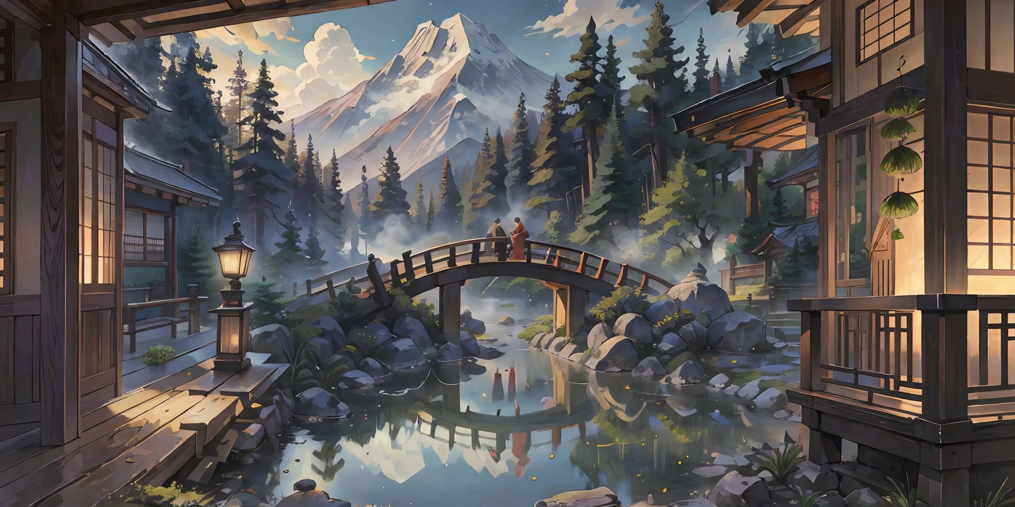 masterpiece, best quality, highly detailed background, side lighting, BREAK [(1girl, solo:1.5):1girl,solo:10], looking at viewer, traditional clothing, kimono, japanese clothes, kimono, wide sleeves, obi,wooden sandals, hairband, jade hair ornament, light blush, flat chest, BREAK serene forest, ancient shrines, moss-covered temple, stone lanterns, blooming cherry blossoms, tall cedar trees, early morning sunlight, calm stream, koi fish,  gentle breeze, distant mountains, cloud wisps, peaceful atmosphere
