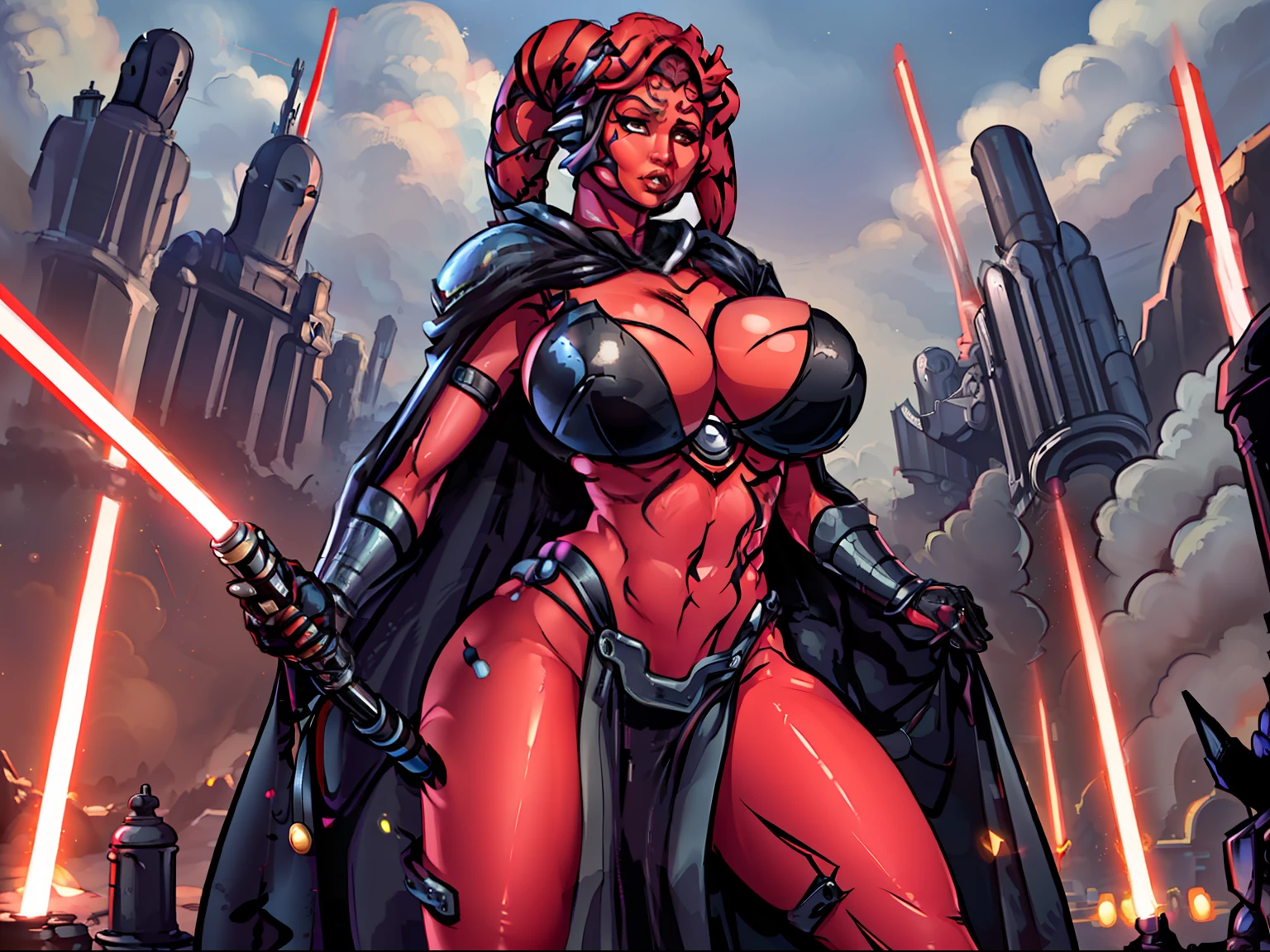 armor, busty, gigantic boobs, ((red skin), twi'lek), dual red lightsabers, evil space knight, space ninja, (wearing black robes, tunic, tabard, cowl, cloak, cape, body glove, straps, buckles, skirts, long sleeves, fantasy), ((busty), slender body, thin, slim sexy body, slim waist, long legs, toned legs, (((gigantic breasts)))), Imperial starship, Star Wars,