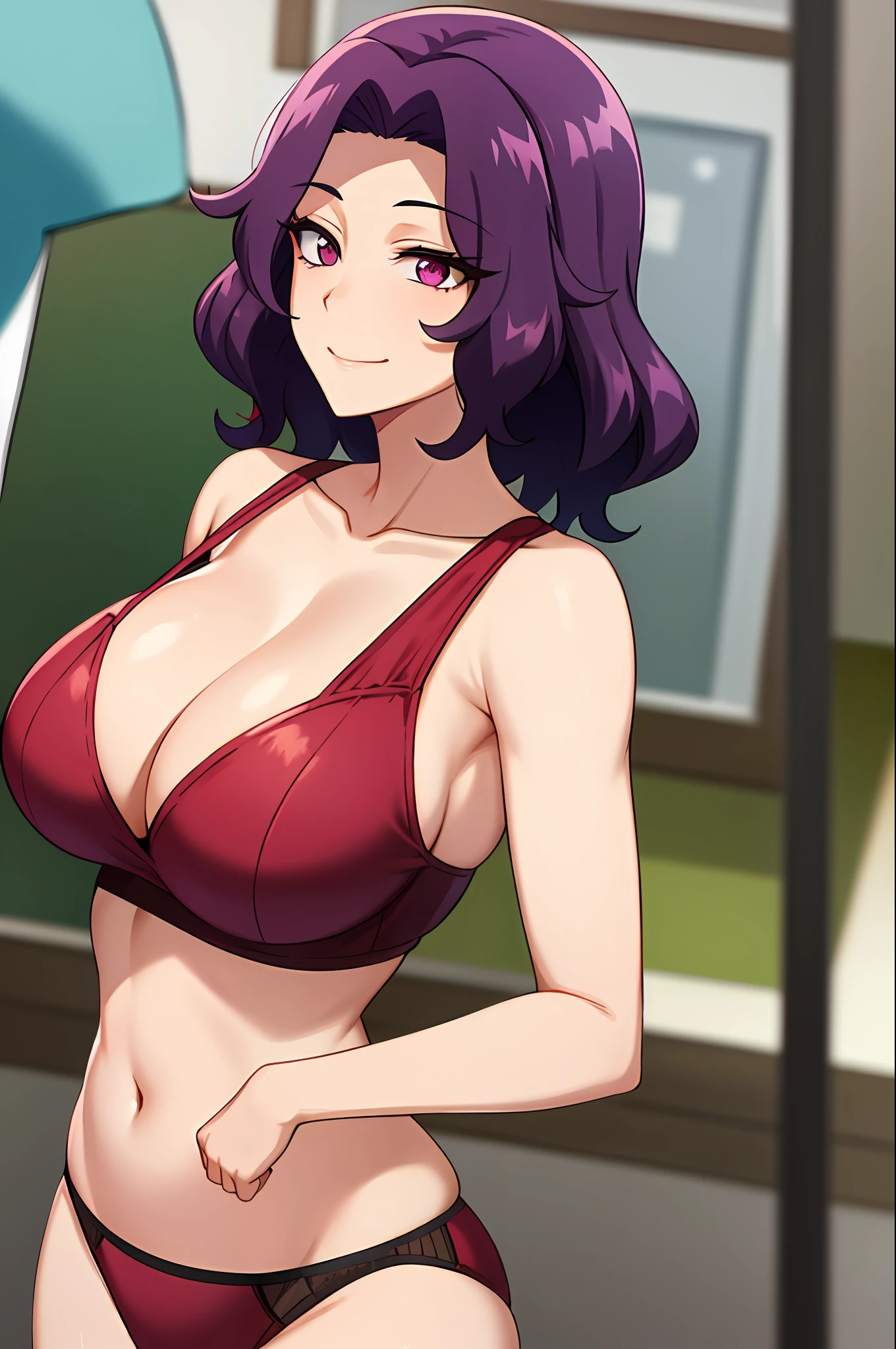 best qualityer，（tmasterpiece：1.2），highly  detailed，sitted，Mature woman，
1girll， 独奏， hamaoka azusa，
looking at viewert，ssmile，，
Purple eye，Purple colored hair，short detailed hair，green-shirt，Red bra strap，Full buttocks，plumw，big breasts body