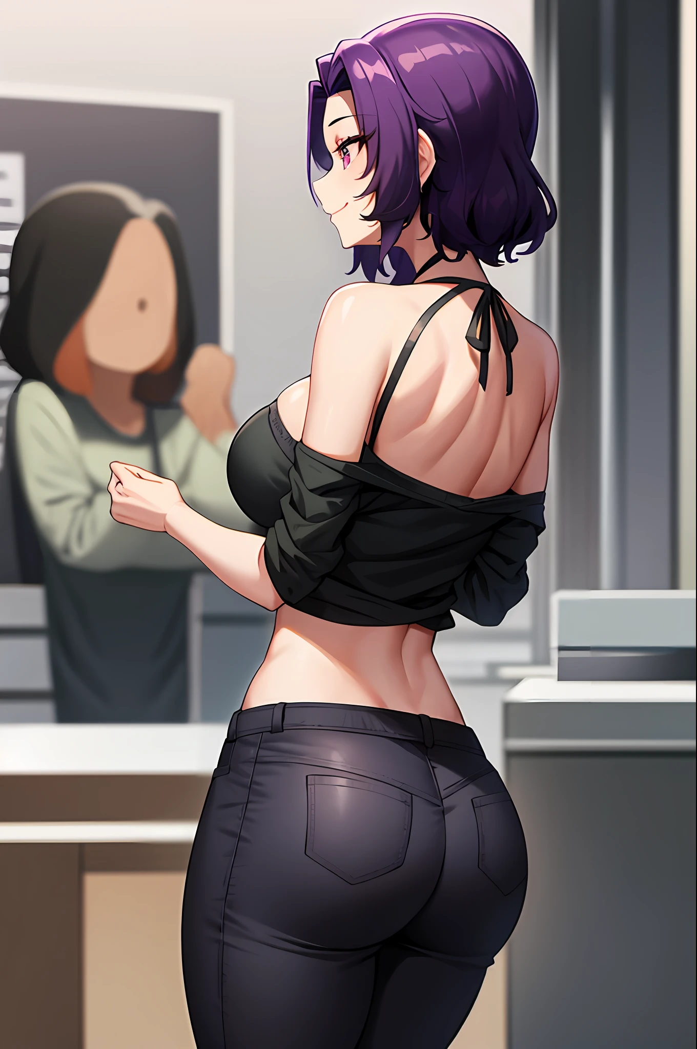 best qualityer，（tmasterpiece：1.2），highly  detailed，sitted，Mature woman，
1girll， 独奏， hamaoka azusa，
looking at viewert，ssmile，，
Purple eye，Purple colored hair，short detailed hair，green-shirt，Red bra strap，Full buttocks，plumw，big breasts body