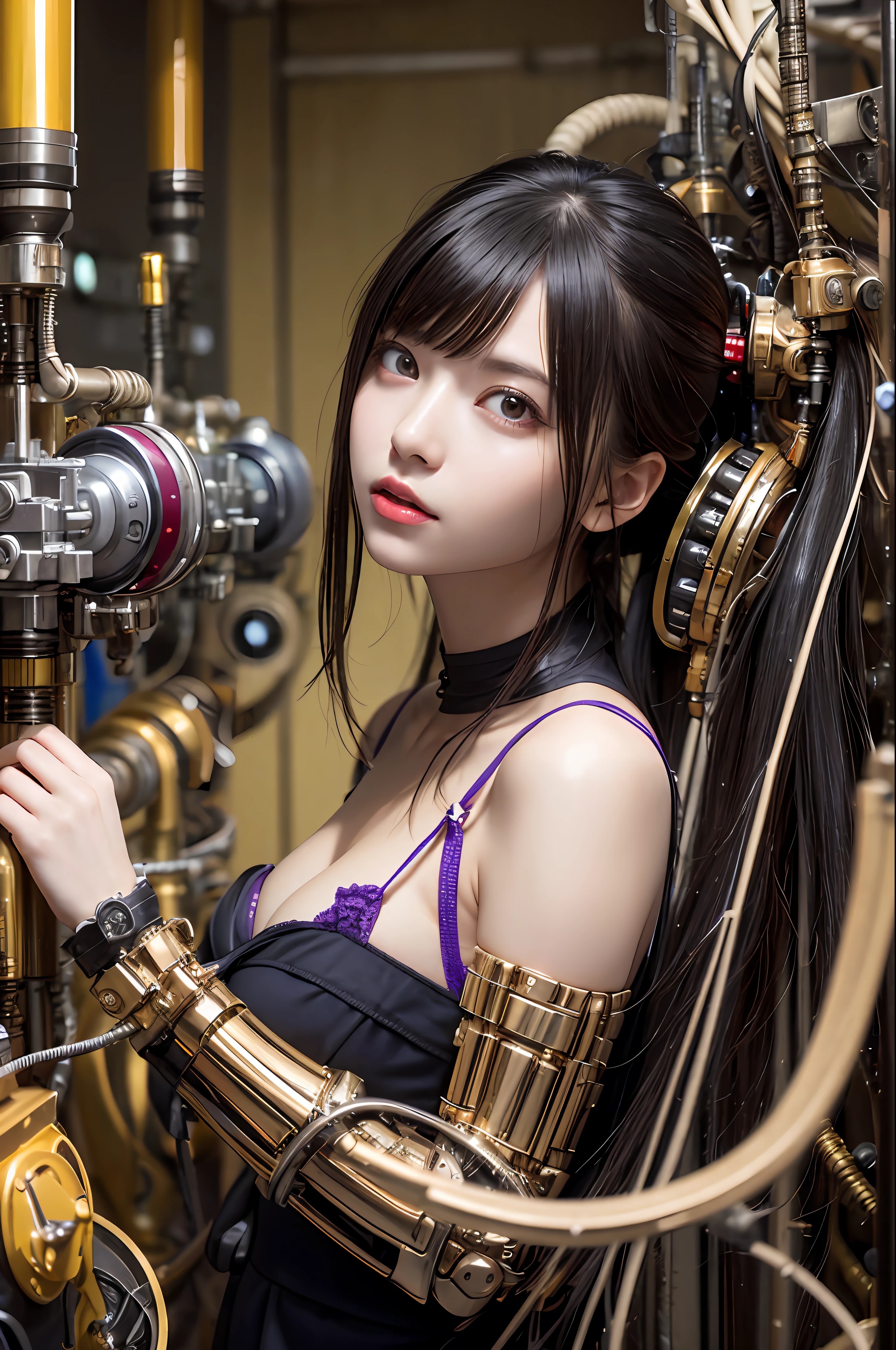 top-quality、masterpiece、超A high resolution、(Photorealsitic:1.4)、Raw photo、女の子1人、Black hair、glowy skin、1 Mechanical Girl、((super realistic details))、portlate、globalillumination、Shadow、octan render、8K、ultrasharp、character edge light,huge tit、Raw skin is exposed in cleavage、metals、Details of complex ornaments、Steampunk details、vacuum tubes、Nixie Kan、Oil pressure gauge、Glass Kan、Analog Meter、gear wheel、gear、Golden hydraulic cylinder、highly intricate detail、Realistic light、CGSoation Trends、a purple eye、radiant eyes、Facing the camera、neon details、Mechanical limbs、blood vessels connected to tubes、Mechanical vertebrae attached to the back、mechanical cervical attaching to neck、sitting on、Wires and cables connecting to the head、Evangelion details、Small LED lamp、
