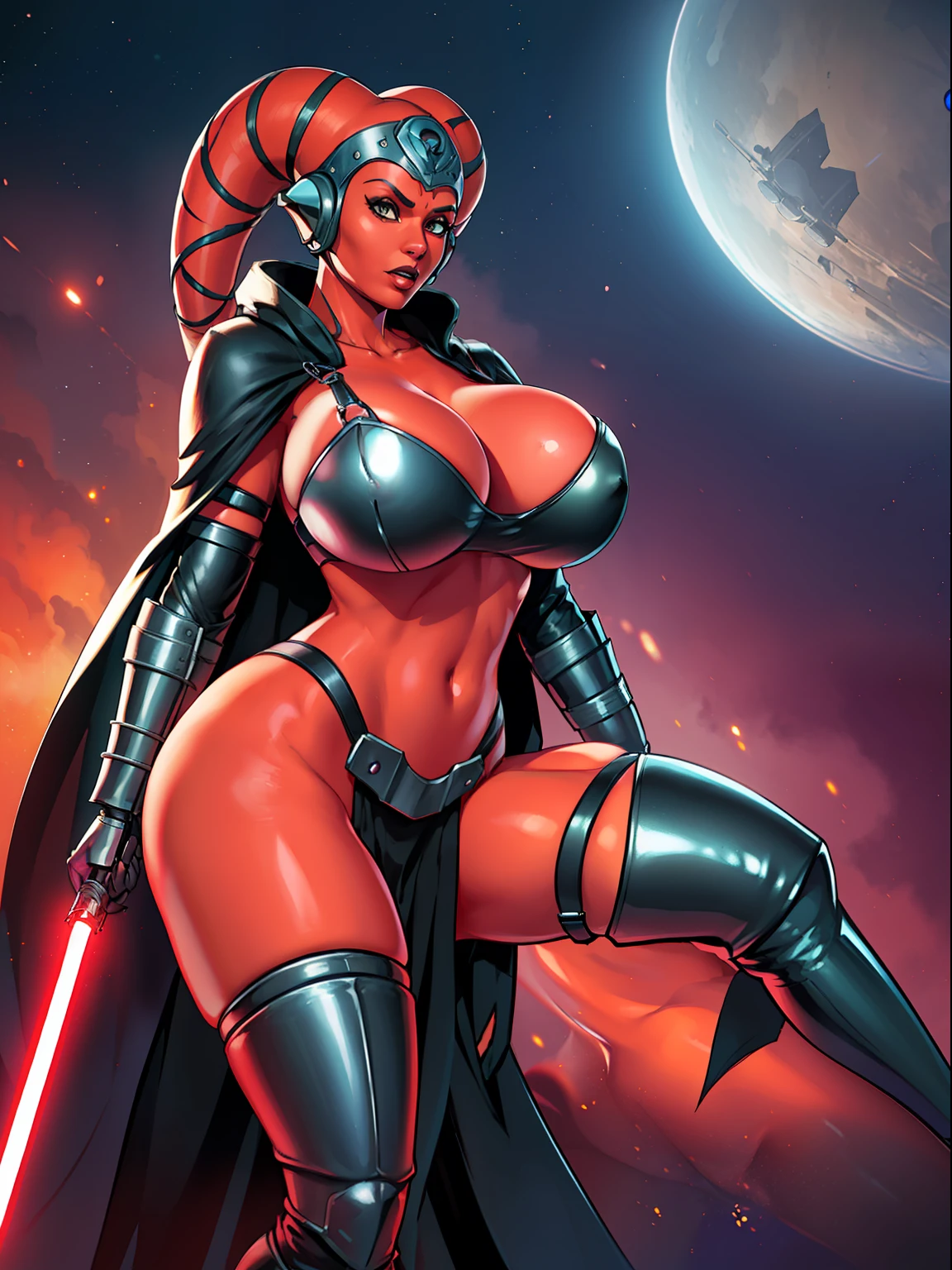 armor, busty, gigantic boobs, ((red skin), twi'lek), dual red lightsabers, evil space knight, space ninja, (wearing black robes, tunic, tabard, cowl, cloak, cape, body glove, straps, buckles, skirts, long sleeves, thigh high boots, fantasy), ((busty), slender body, thin, slim sexy body, slim waist, long legs, toned legs, (((gigantic breasts)))), Imperial starship, Star Wars,