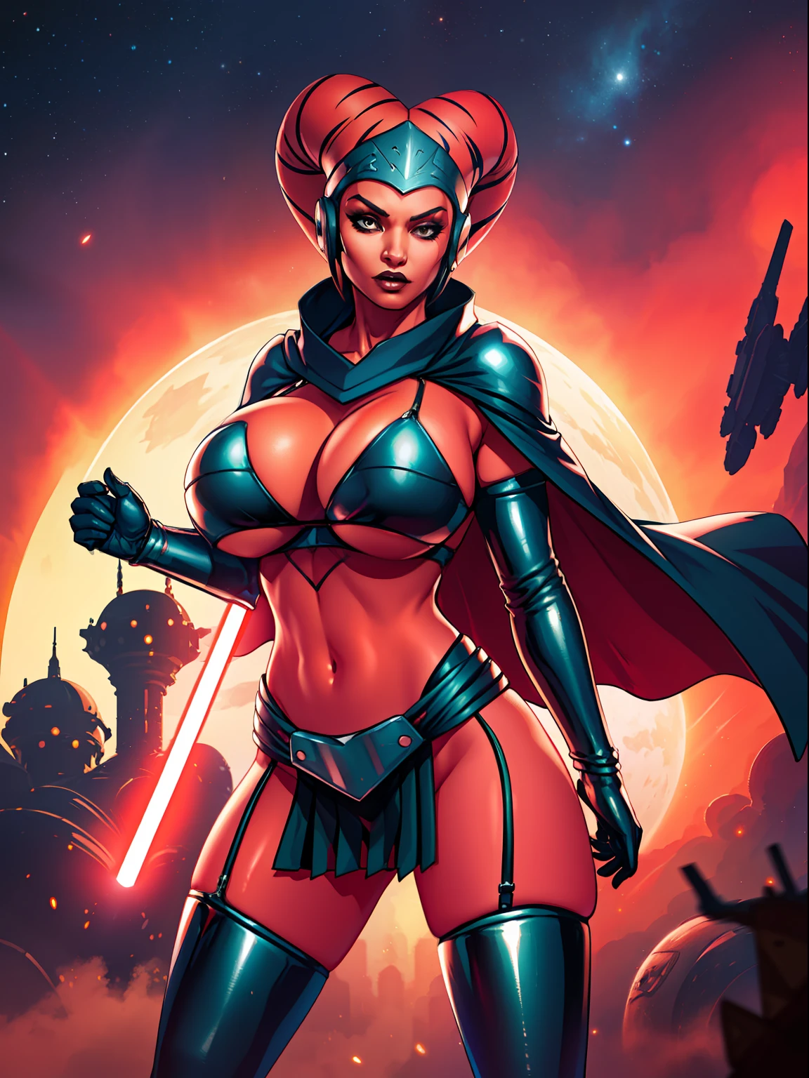armor, busty, gigantic boobs, ((red skin), twi'lek), dual red lightsabers, evil space knight, space ninja, (wearing black robes, tunic, tabard, cowl, cloak, cape, body glove, straps, buckles, skirts, long sleeves, thigh high boots, fantasy), ((busty), slender body, thin, slim sexy body, slim waist, long legs, toned legs, (((gigantic breasts)))), Imperial starship, Star Wars,