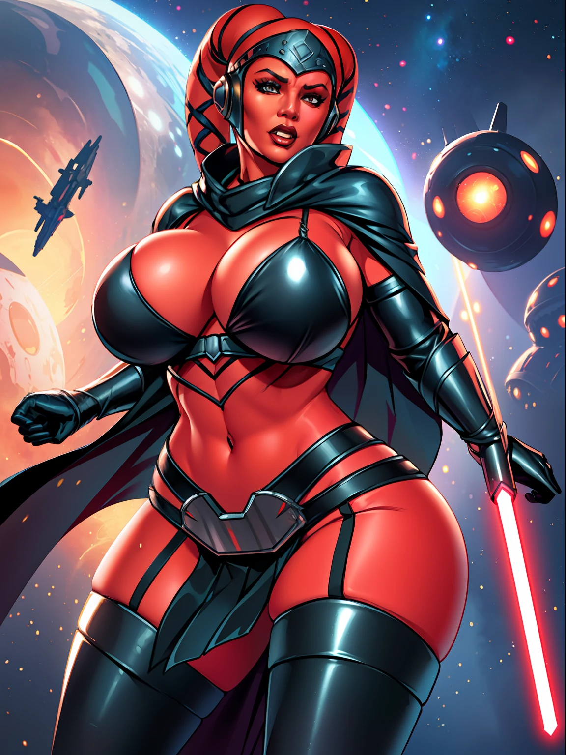 armor, busty, gigantic boobs, ((red skin), twi'lek), dual red lightsabers, evil space knight, space ninja, (wearing black robes, tunic, tabard, cowl, cloak, cape, body glove, straps, buckles, skirts, long sleeves, thigh high boots, fantasy), ((busty), slender body, thin, slim sexy body, slim waist, long legs, toned legs, (((gigantic breasts)))), Imperial starship, Star Wars,