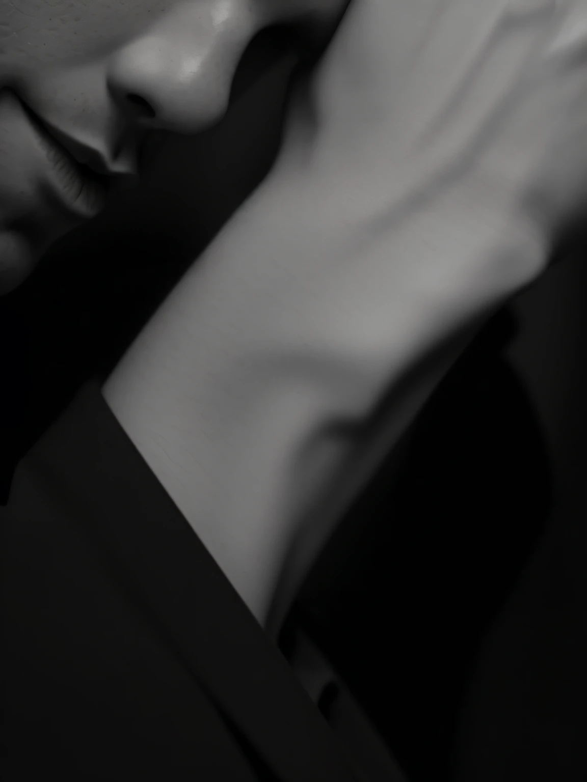 Close-up of a man holding his head in his hands, closeup of arms, hedi slimane, hand on his cheek, heavy gesture style closeup, taken in the night, Rest your head on your hands, Crossed arms, black and white images, uploads, author：Clifford Ross, Male jawline, like a catalog photograph, close up portrait shot, Profile image，((best qualtiy, 8k, tmasterpiece:1.3)), Highly detailed facial and skin texture