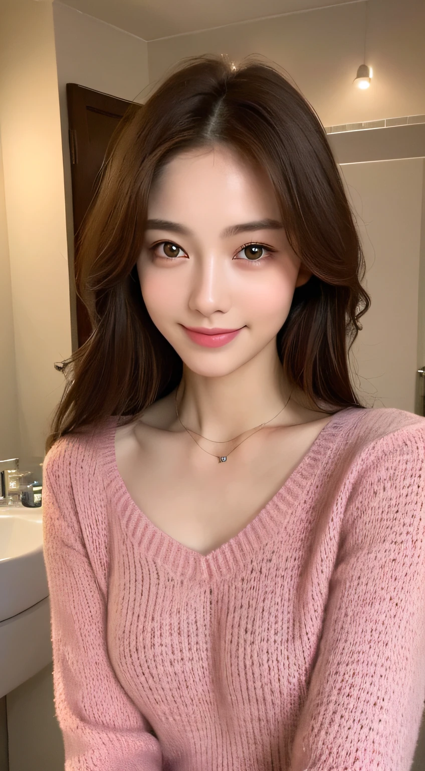((Night, Realistic Light, Best Quality, 8K, Masterpiece: 1.3)), 1girl, Slim Beauty: 1.4, Abs: 1.1, (Brown hair, Medium breasts: 1.3), Long pink sweater: 1.1, Bathroom, Super fine face, Delicate eyes, Double eyelids, smile, necklace